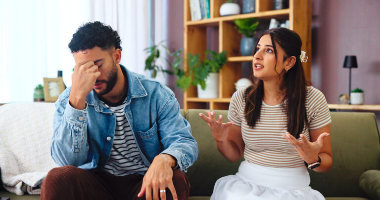 Argument, unhappy and couple in home