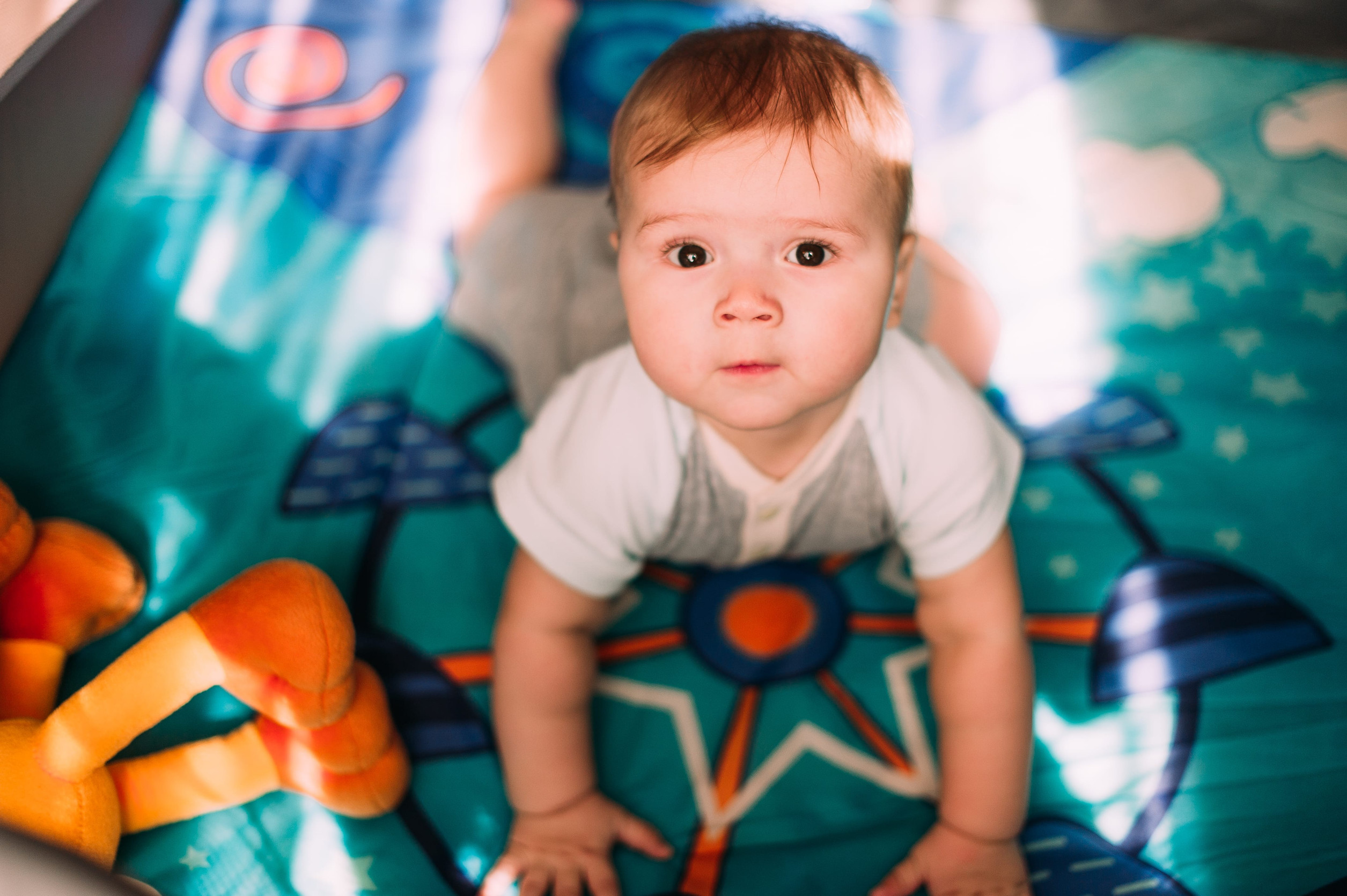 Cute little baby boy playing in colorful playpen, indoors. Beautiful child having fun at nursery.