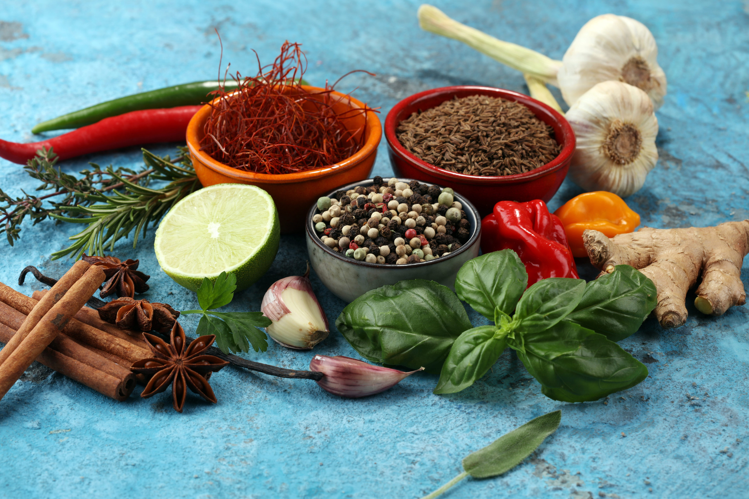 Spices and herbs on table. Food and cuisine ingredients