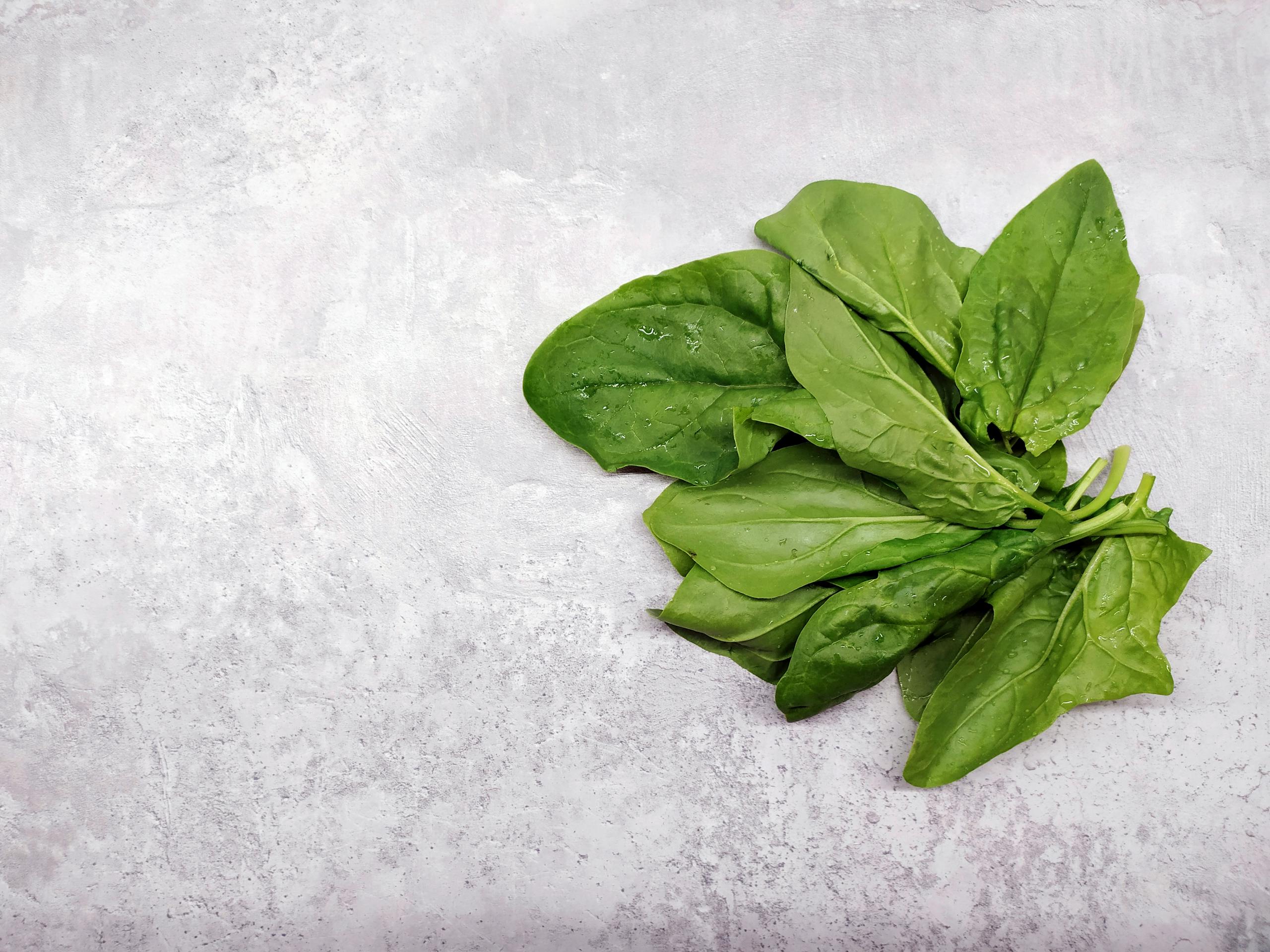 A bunch of fresh spinach leaves on a gray textured surface, captured from above.