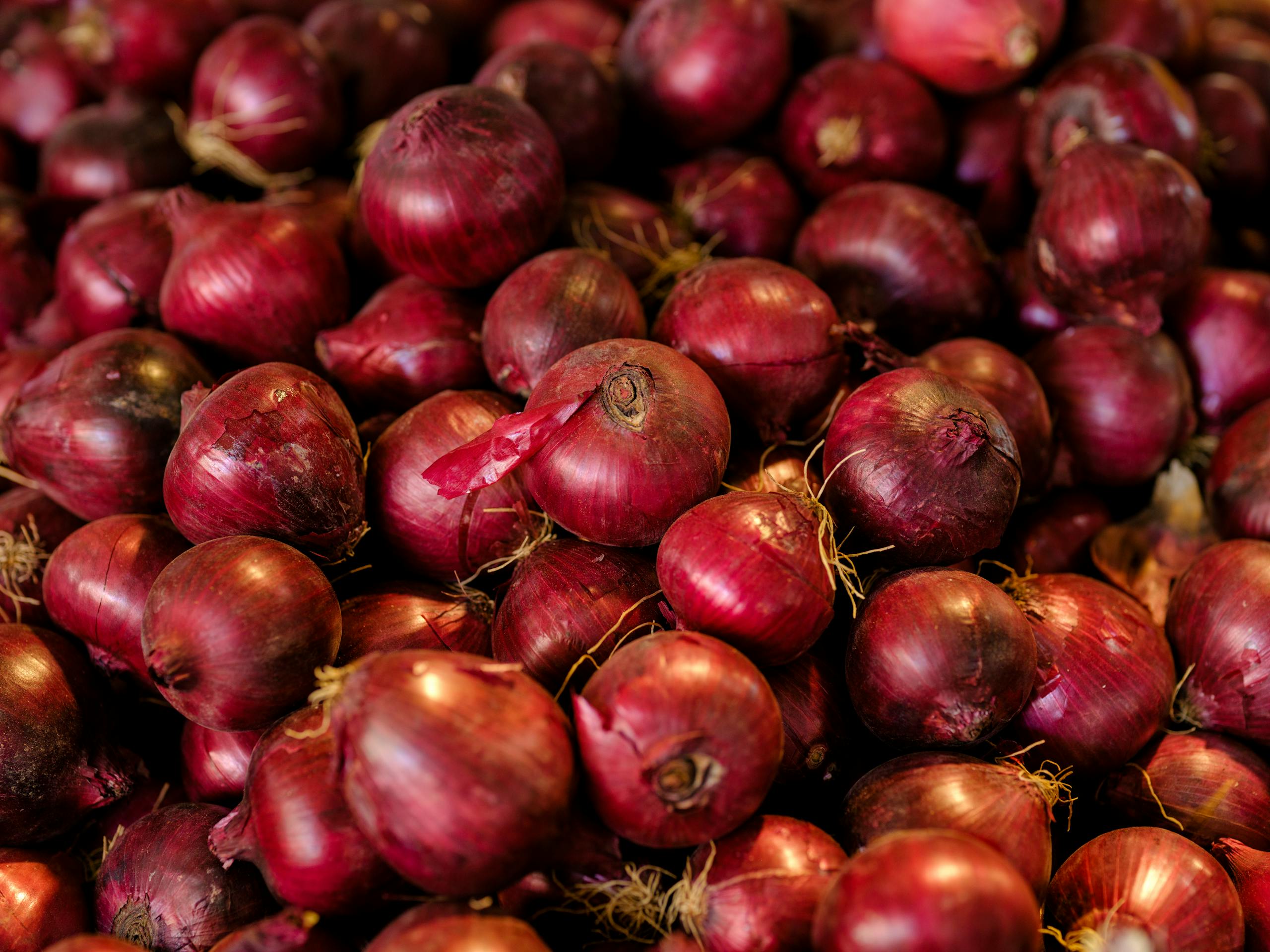 A close-up of a large selection of fresh red onions, showcasing their vibrant color and texture.