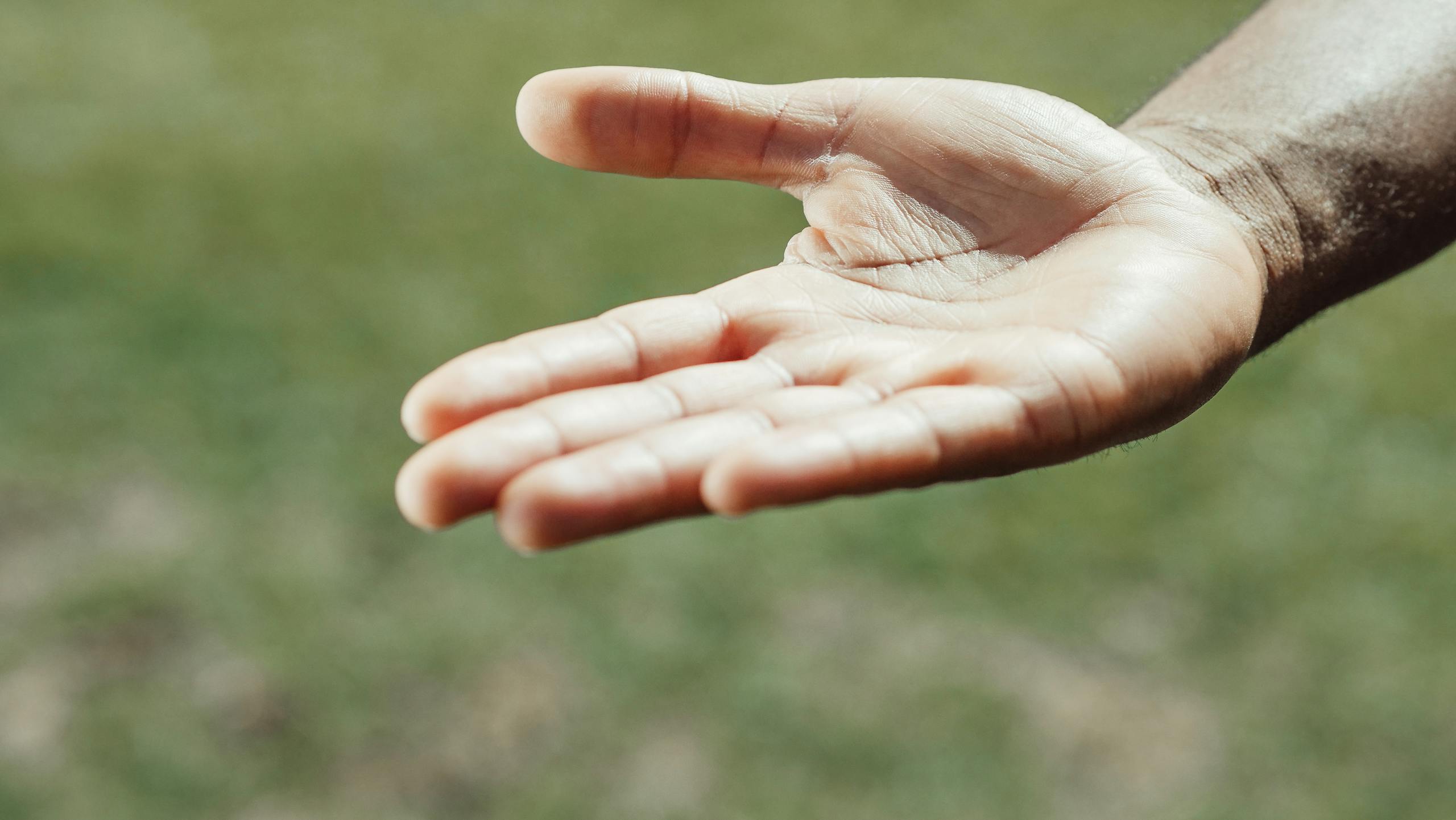 A close-up shot of a human hand open and extended, outdoors in natural sunlight.