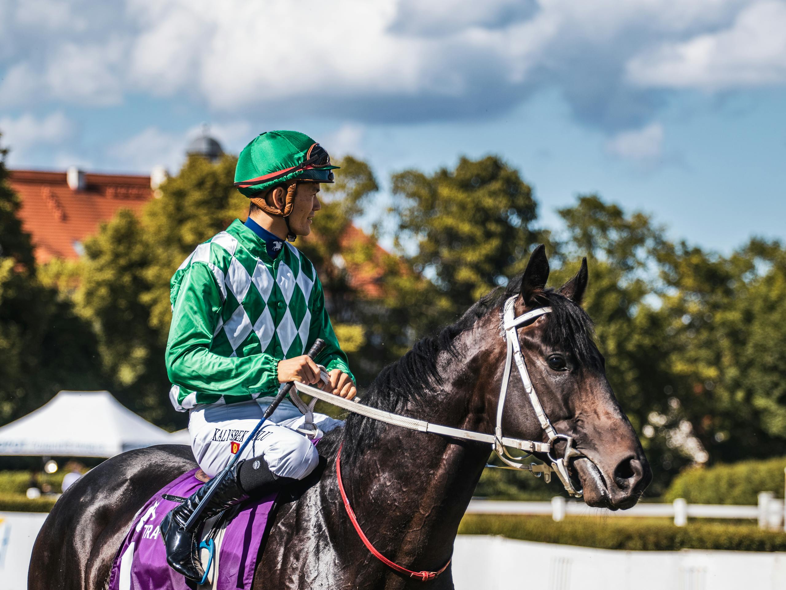 A jockey in a vibrant outfit races a dark horse during an outdoor equestrian competition.