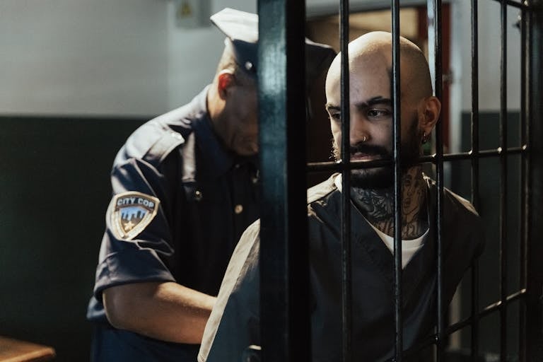 A police officer handcuffs a tattooed prisoner behind metal bars in a jail cell.