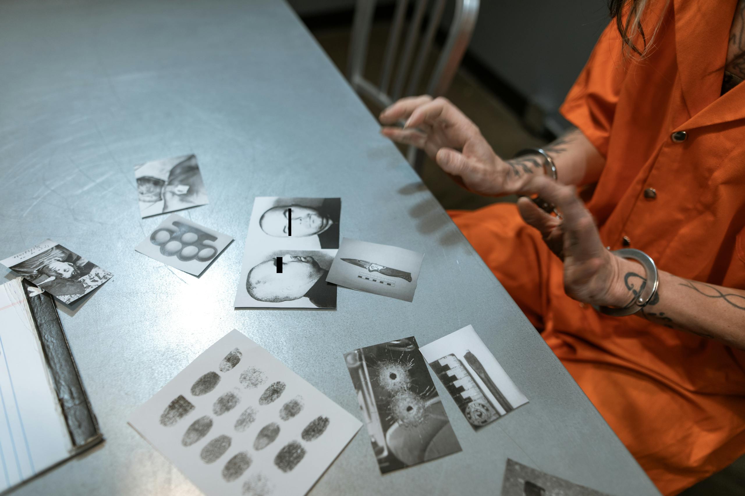 A prisoner in an orange jumpsuit reviews crime scene photos in a jail interrogation room.