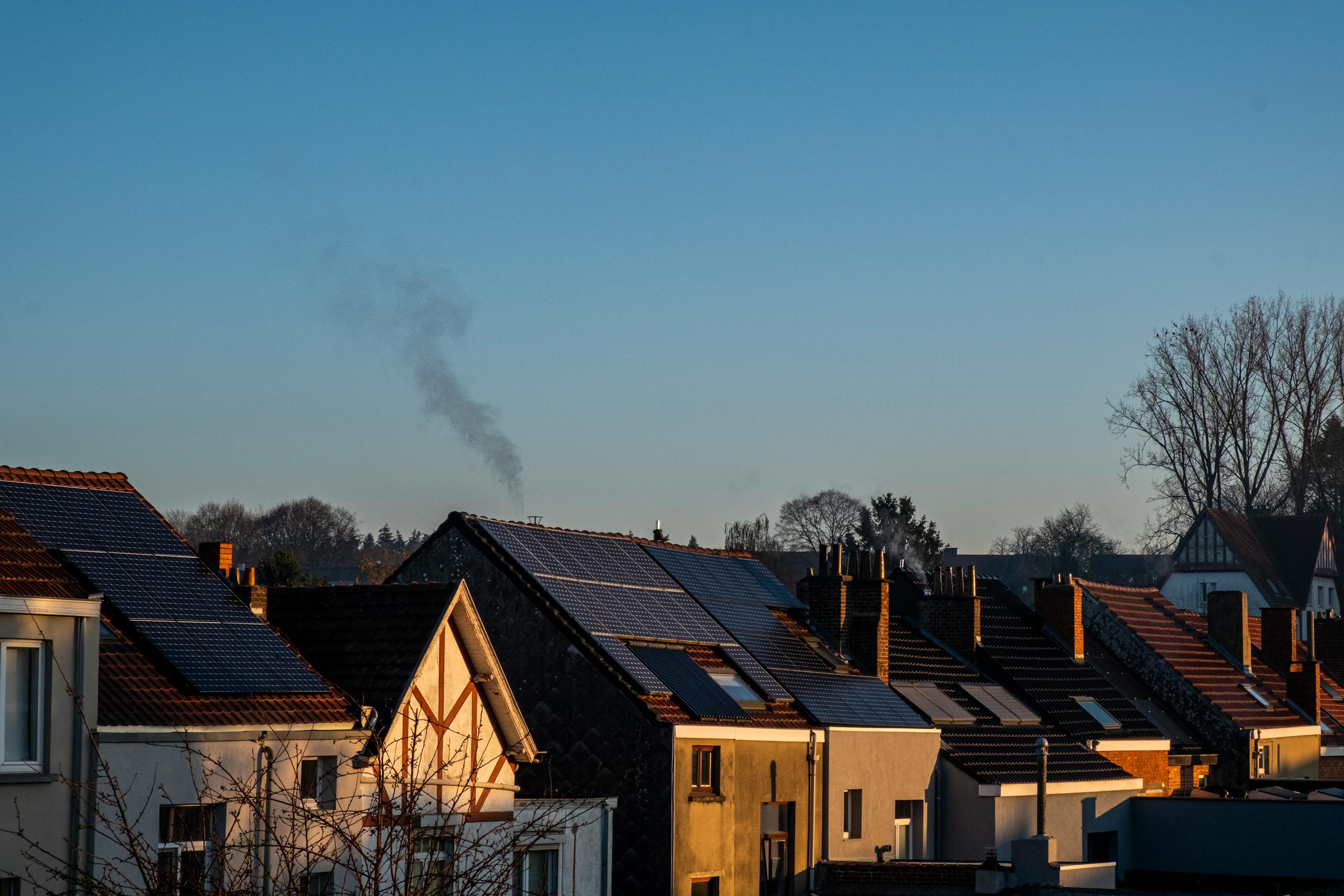A row of houses displaying solar panels on their rooftops, reflecting sustainable energy practices.