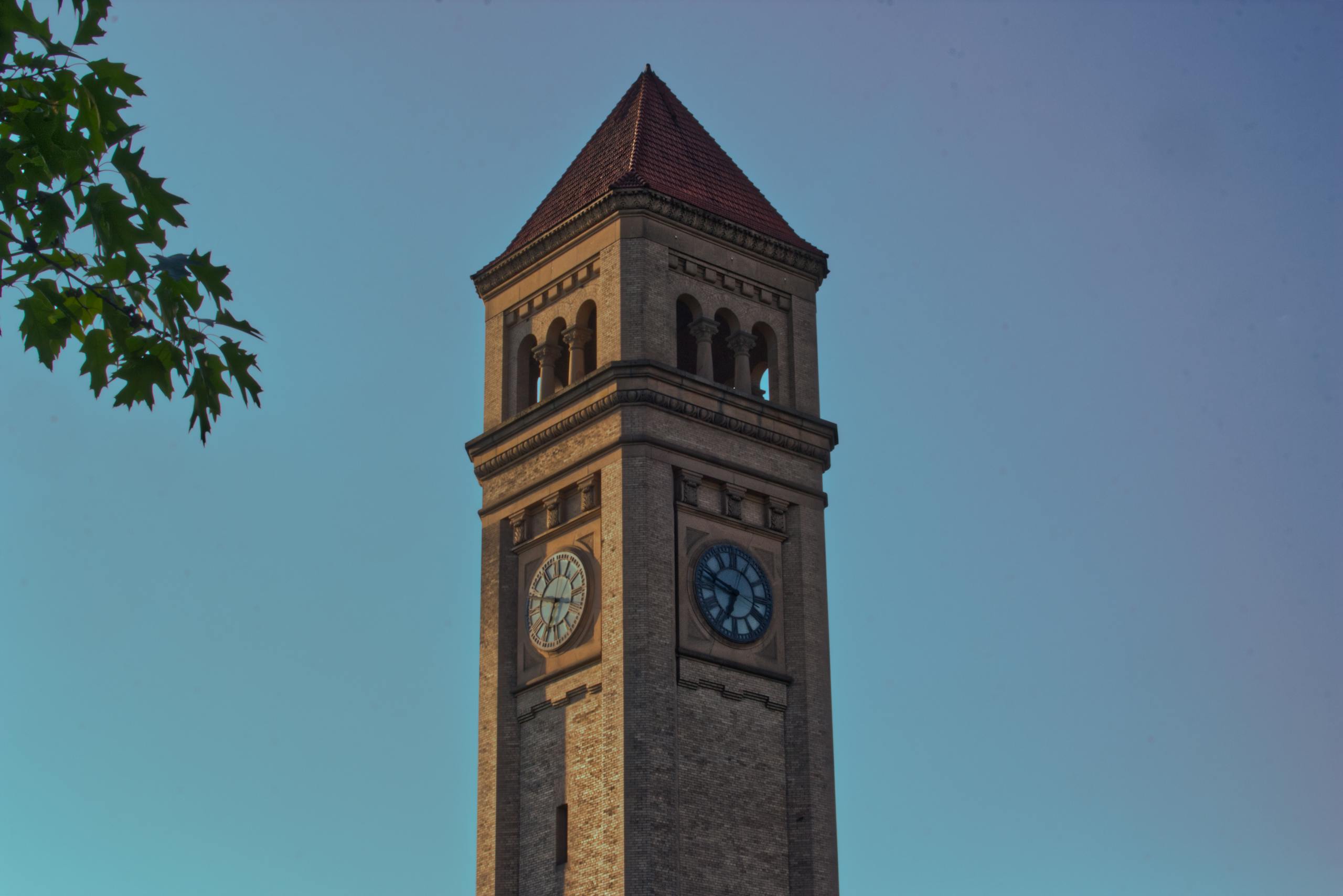 A striking view of the Great Northern Clocktower at Riverfront Park in Spokane, Washington.