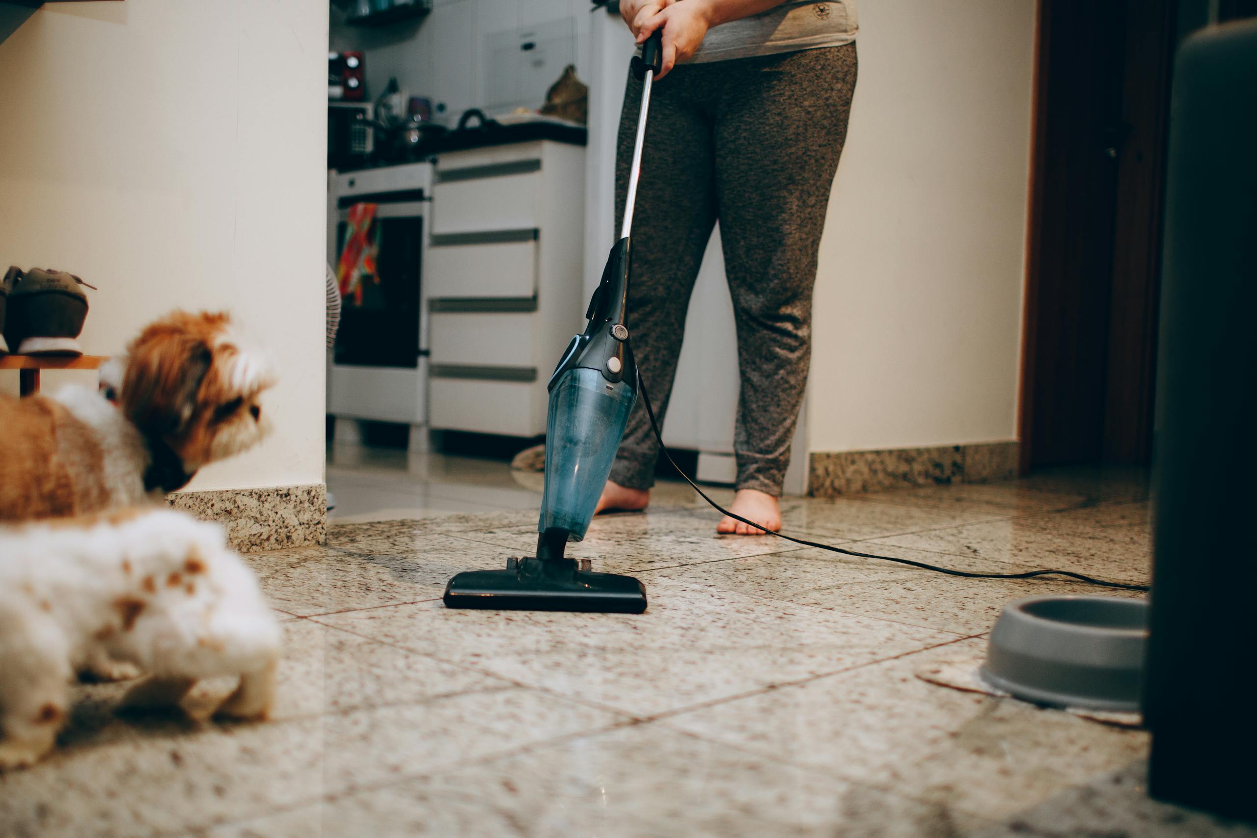 A woman cleaning the floor with a vacuum cleaner while a dog watches attentively. Indoor home setting.