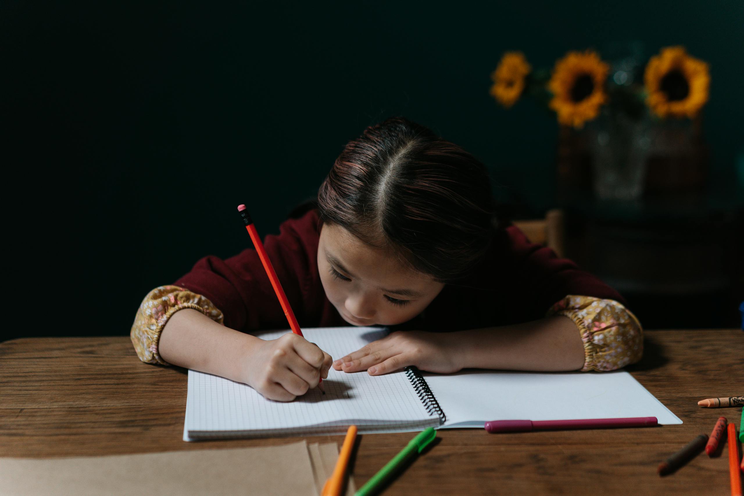 An East Asian child writing in a notebook at a wooden table, focused on homework indoors.