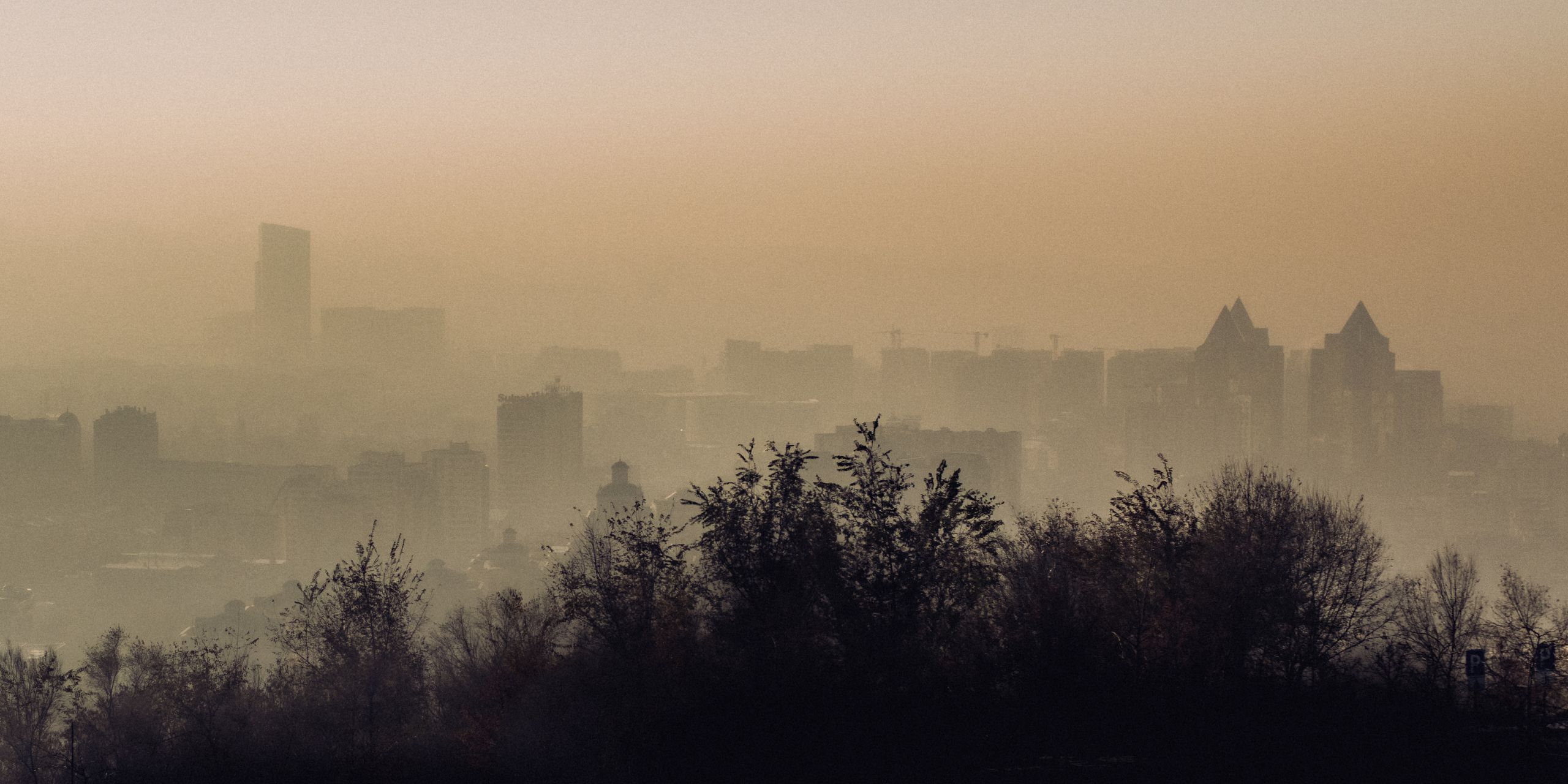 Atmospheric view of Almaty city skyline enveloped in fog and smog.