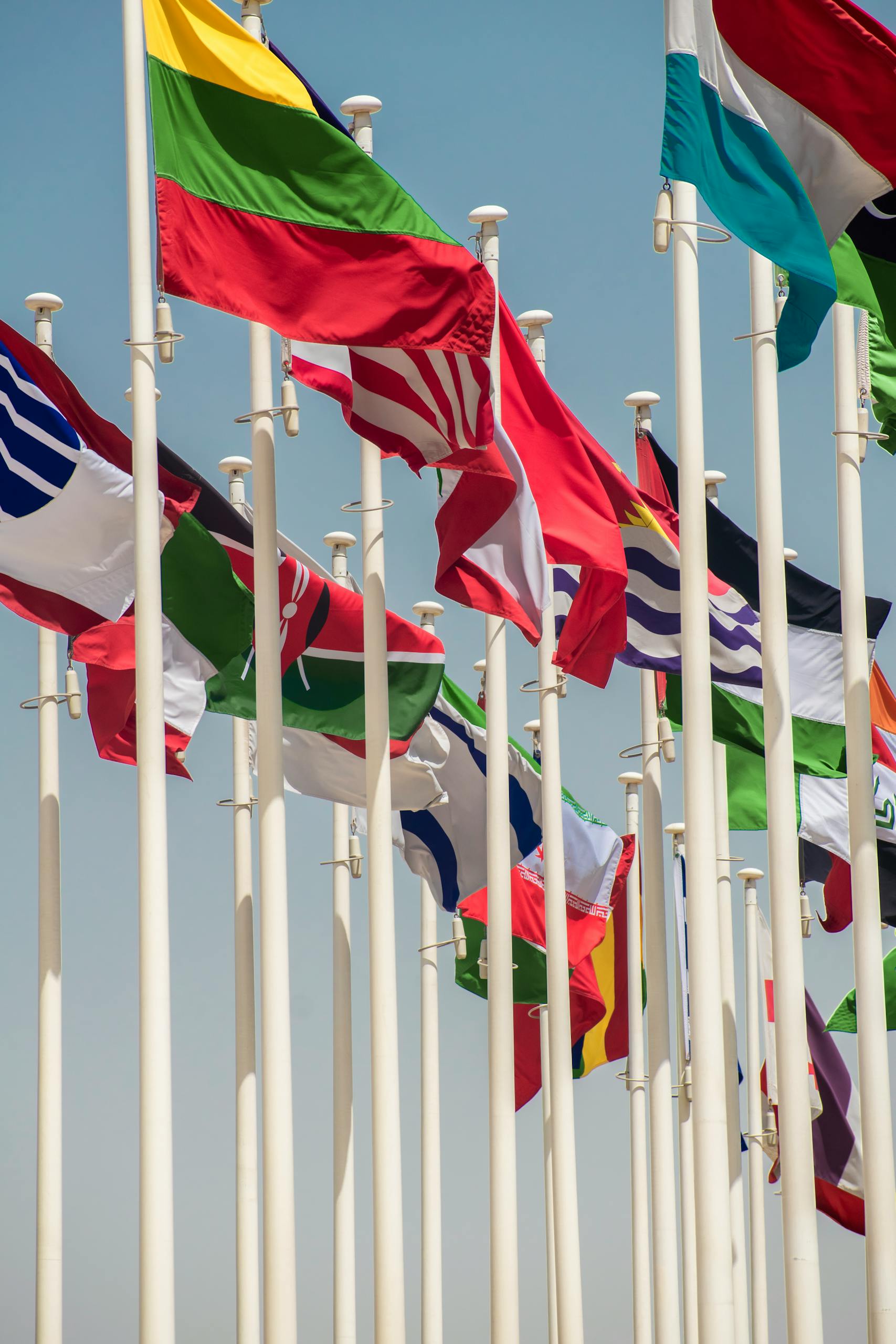 Colorful international flags waving on flagpoles against a clear blue sky, symbolizing unity and diversity.