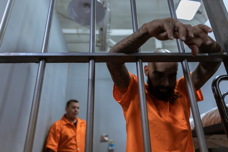 Inmates in an orange prison uniform standing behind bars in a jail cell.