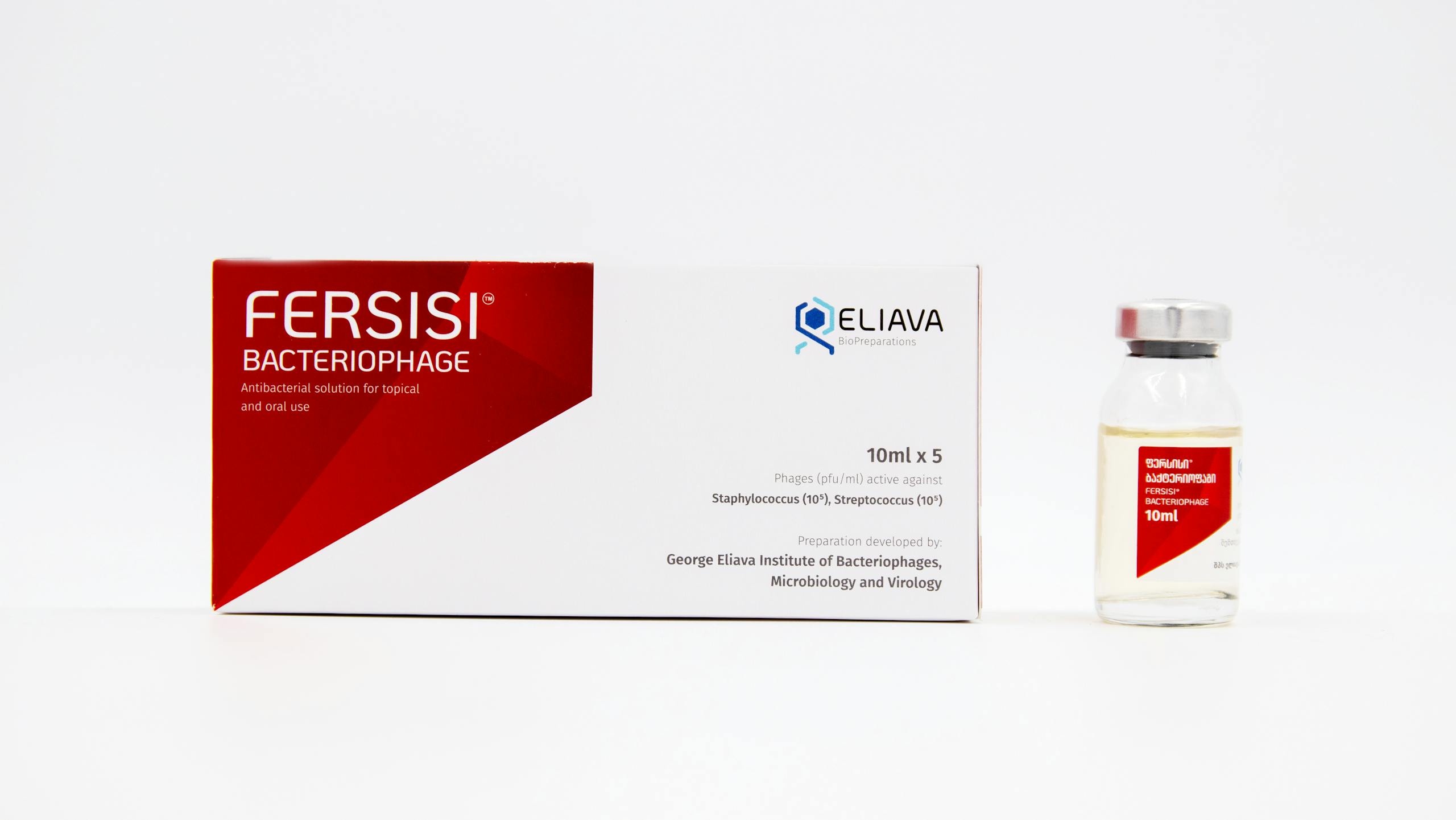 Photograph of FERSISI bacteriophage antibacterial solution for topical and oral use with packaging on white background.