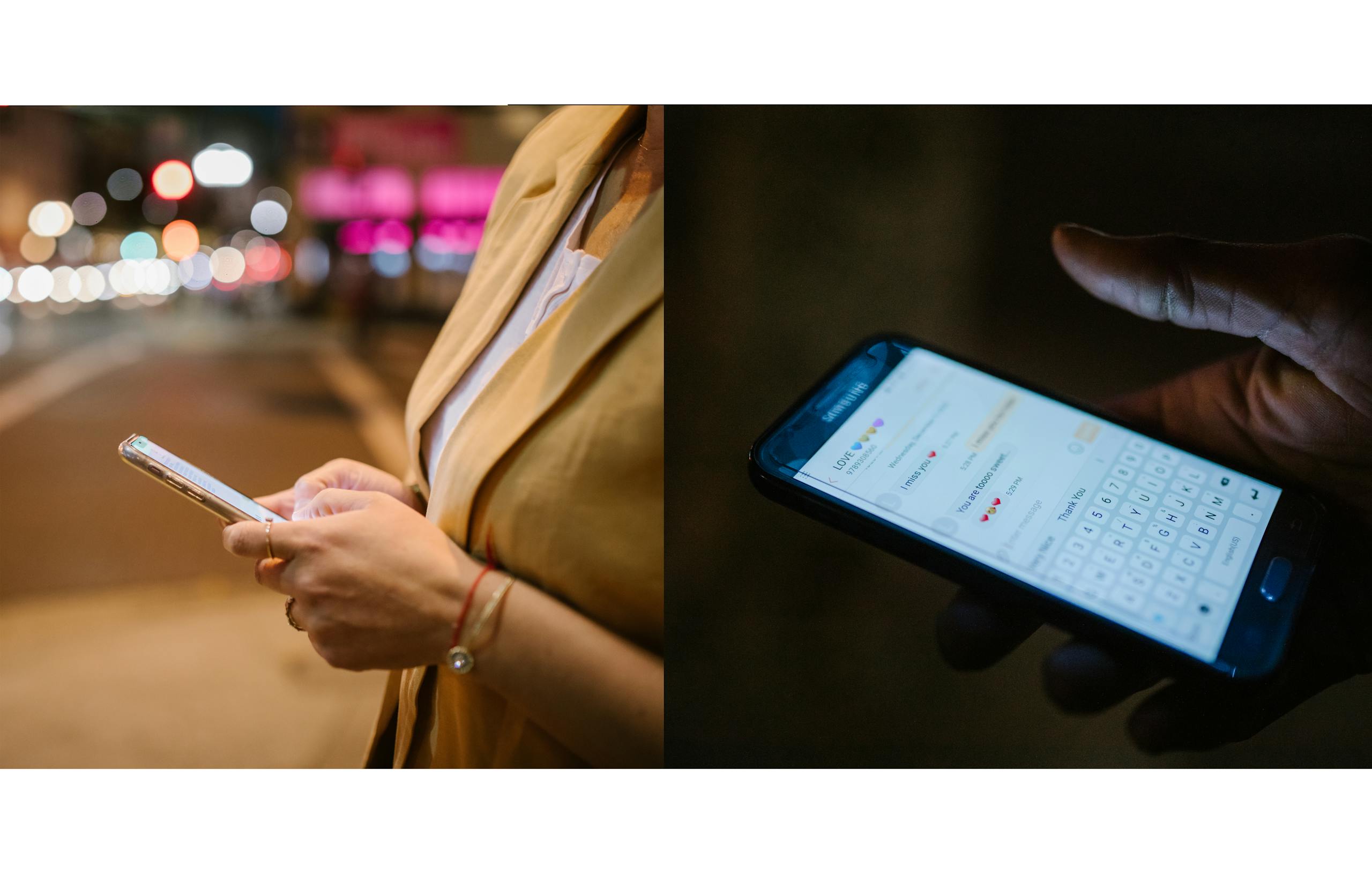 Two individuals using smartphones in an urban setting at night, showcasing modern communication.