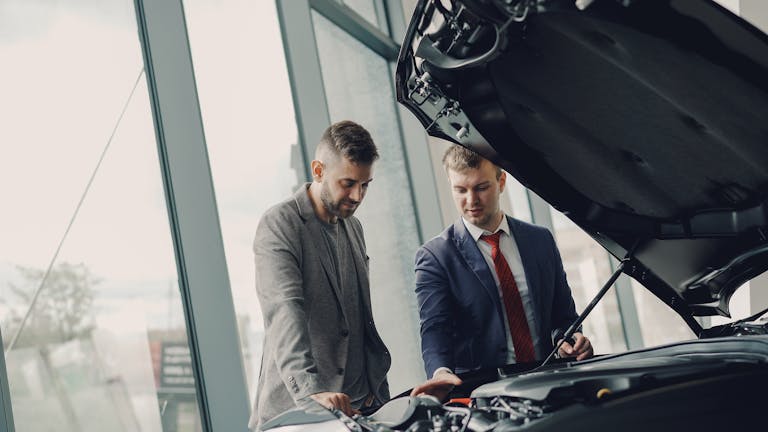 Two men inspecting a car's engine hood in a dealership showroom.