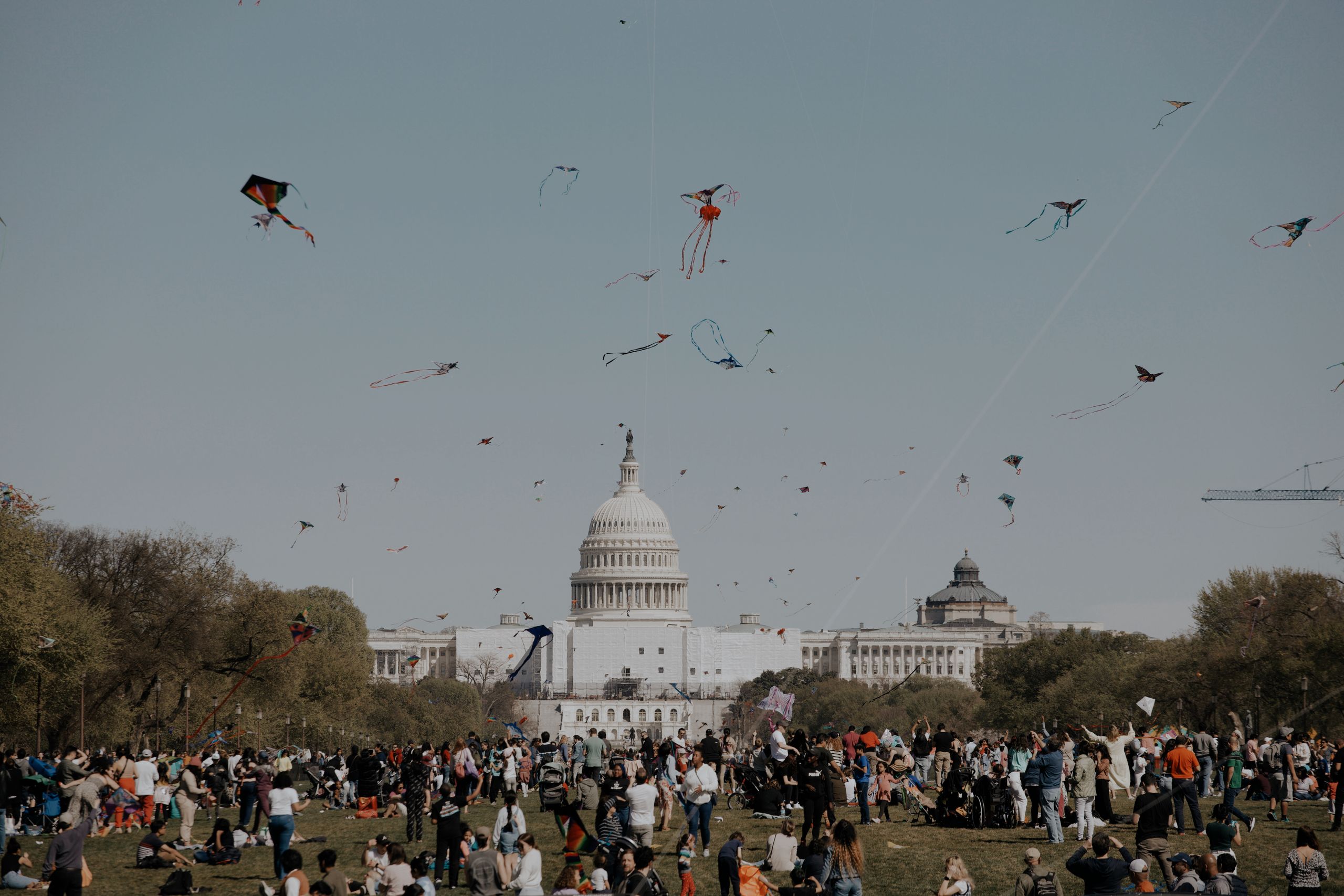 A bustling kite festival scene with crowds in front of the US Capitol in Washington DC.
