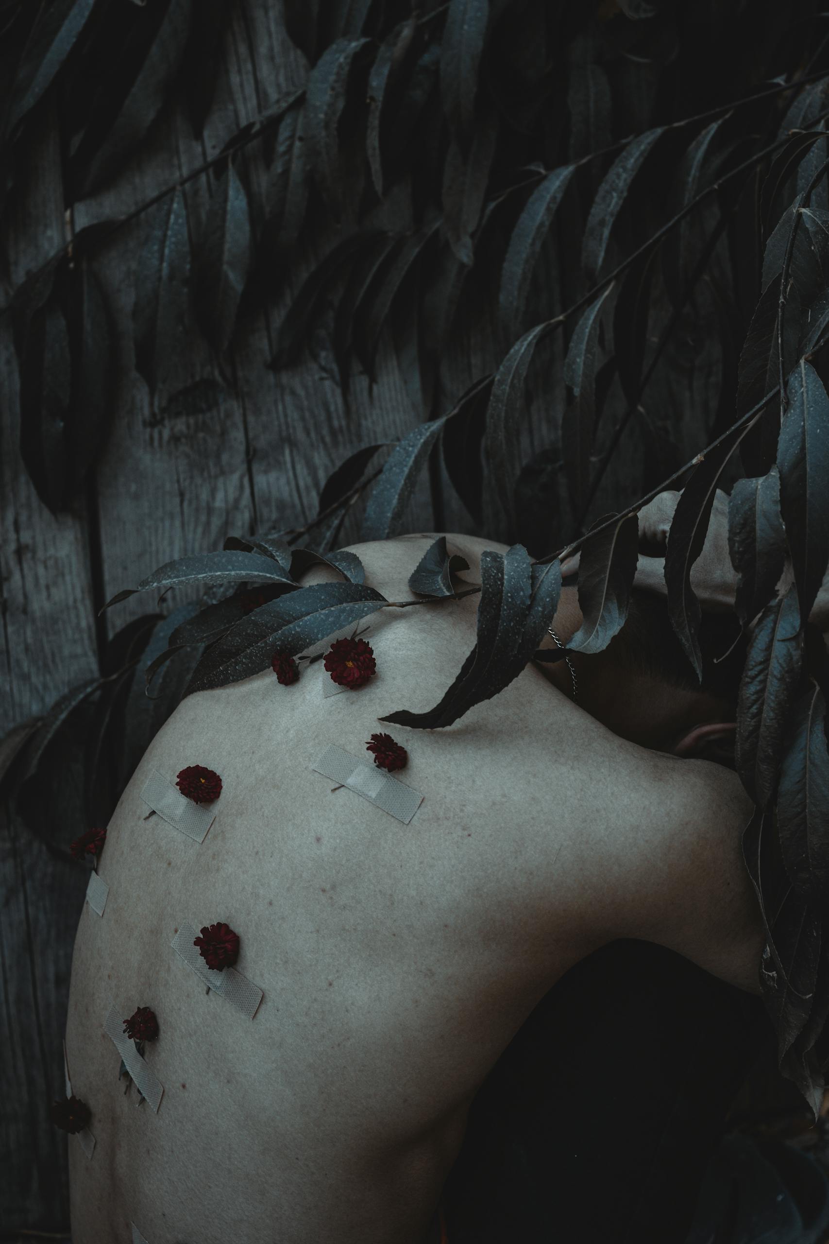 A conceptual image of a shirtless man adorned with red flowers and surrounded by dark leaves, offering a moody atmosphere.