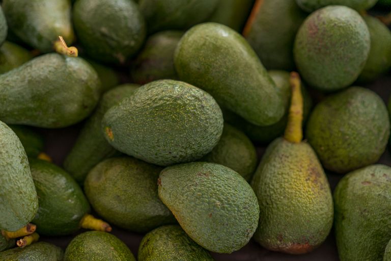 A detailed close-up of fresh avocados with textured green skin, perfect for stock photos.