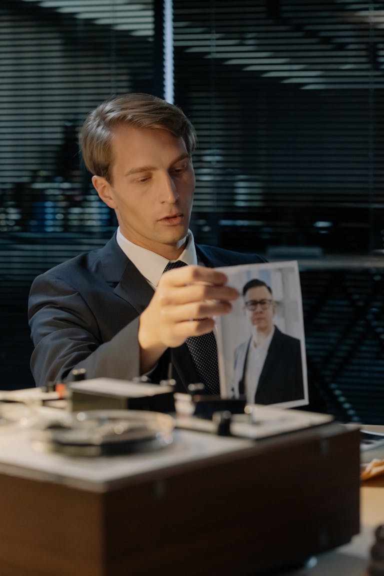 A detective reviews a photograph in a vintage-themed office, evoking mystery.