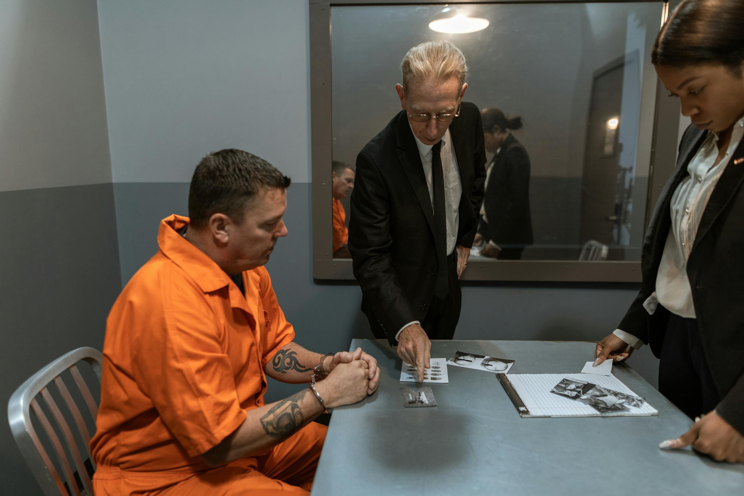 A tense interrogation scene featuring a prisoner in an orange jumpsuit with detectives in a dimly lit room.