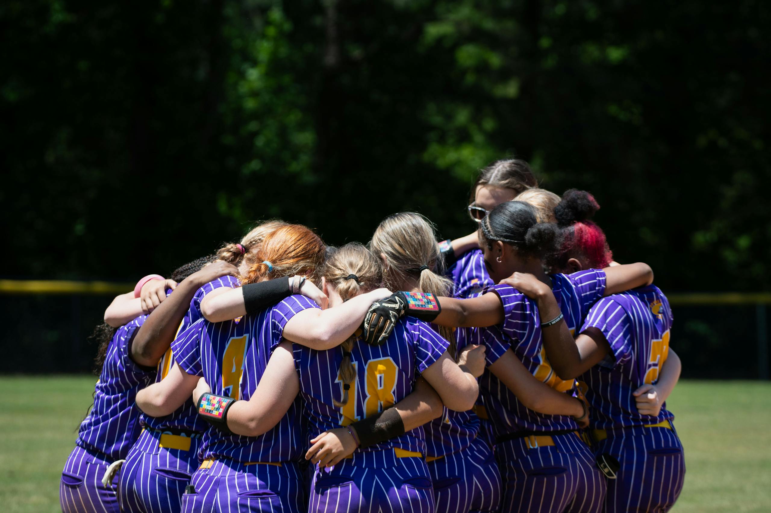 A unified softball team of young women in a huddle on a sunny day, showcasing teamwork and sportsmanship.