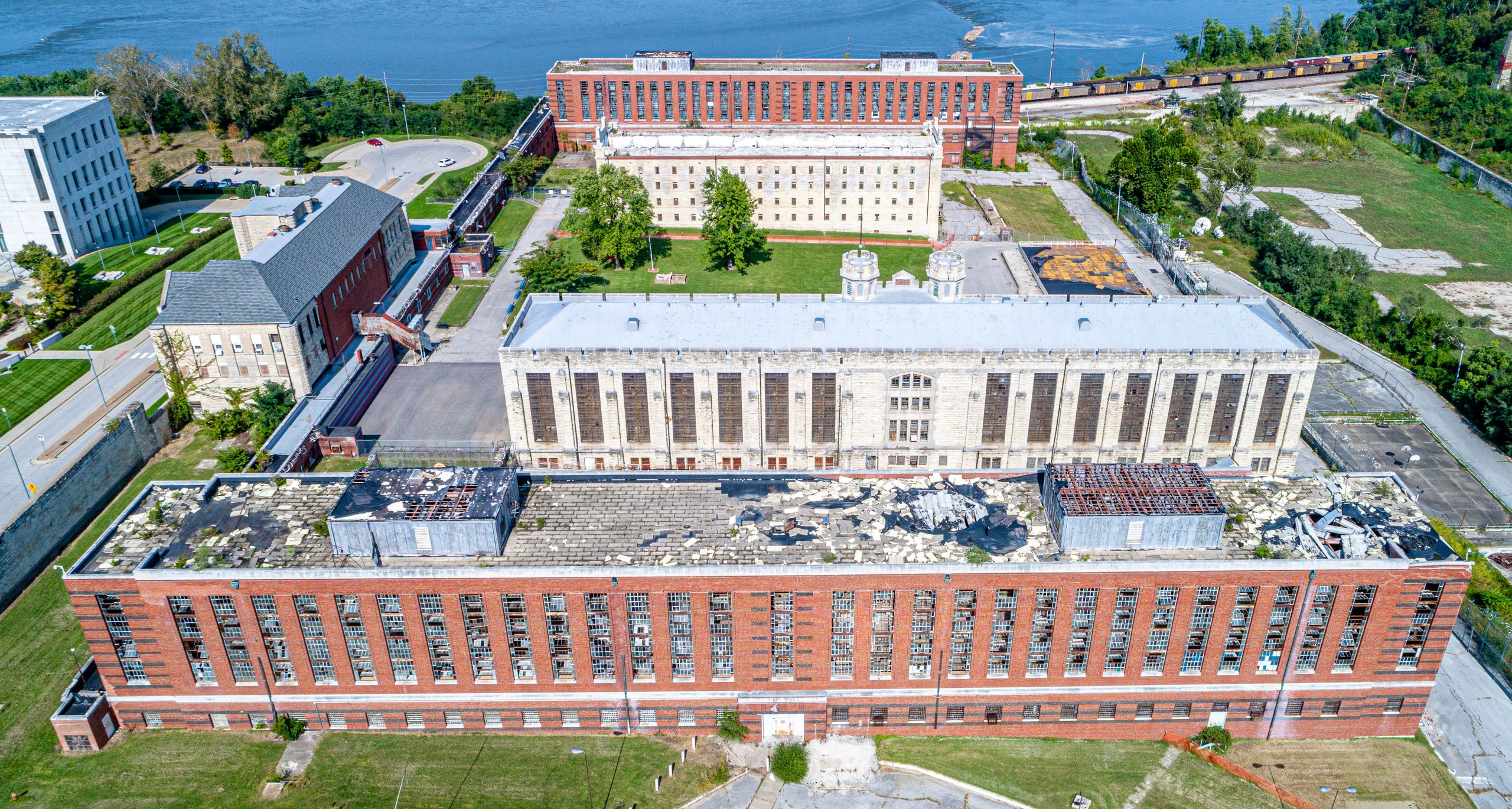 Bird's-eye view of the historic Missouri State Penitentiary in Jefferson City, Missouri.
