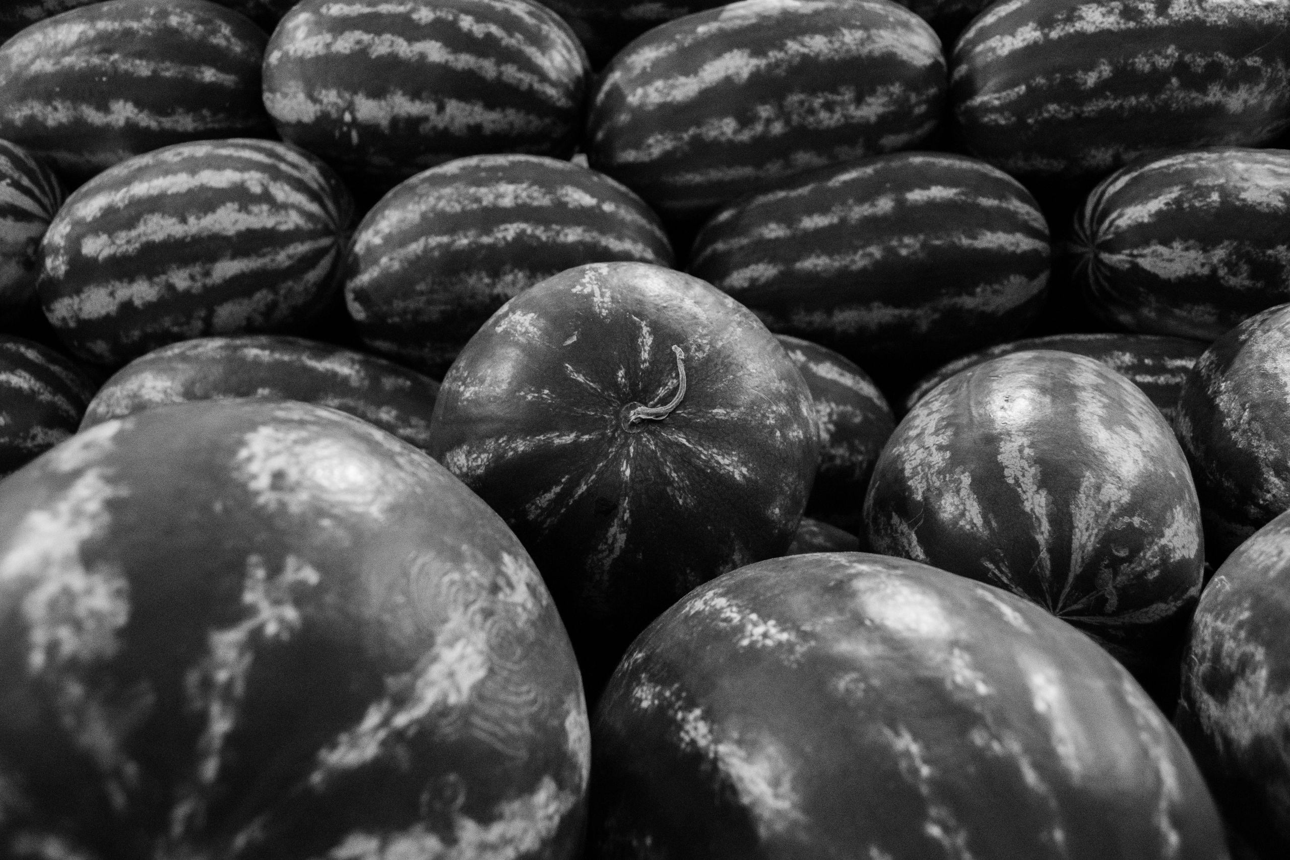 Black and white photograph of multiple watermelons in a close-up pattern.