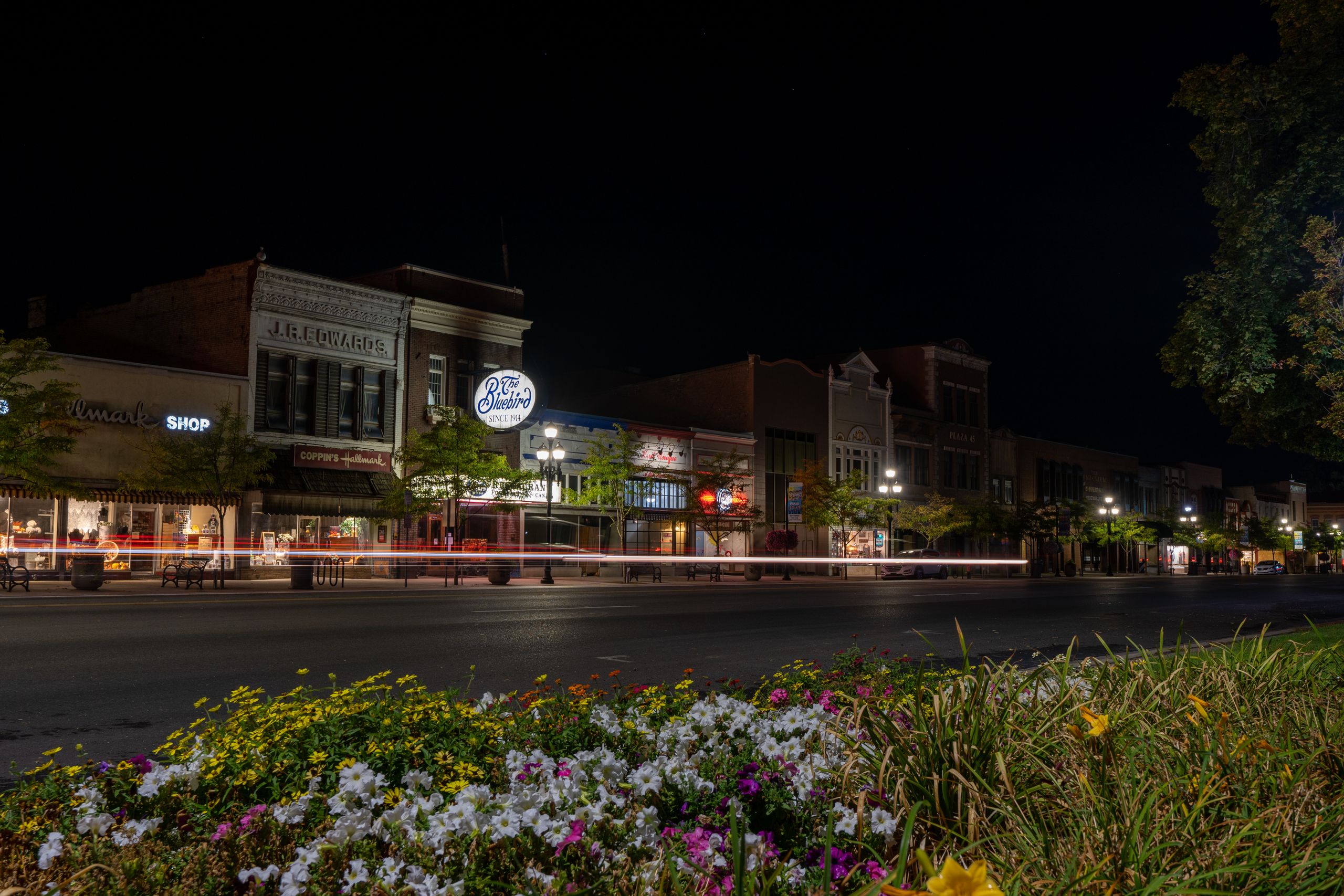 Captivating night scene of Logan, UT's historic downtown with light trails and blooming flowers.
