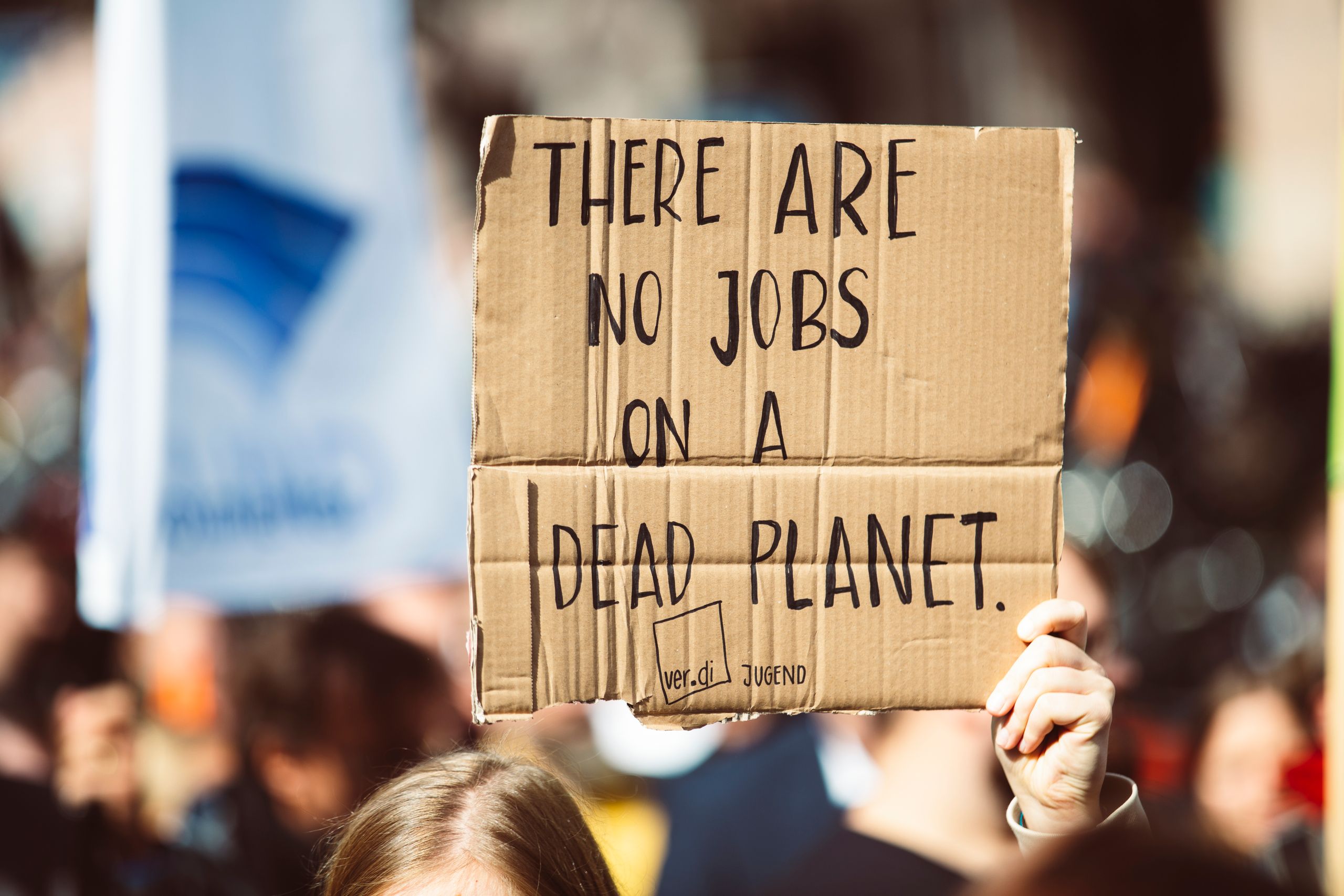 A cardboard sign at climate protest reads 'There are no jobs on a dead planet.'