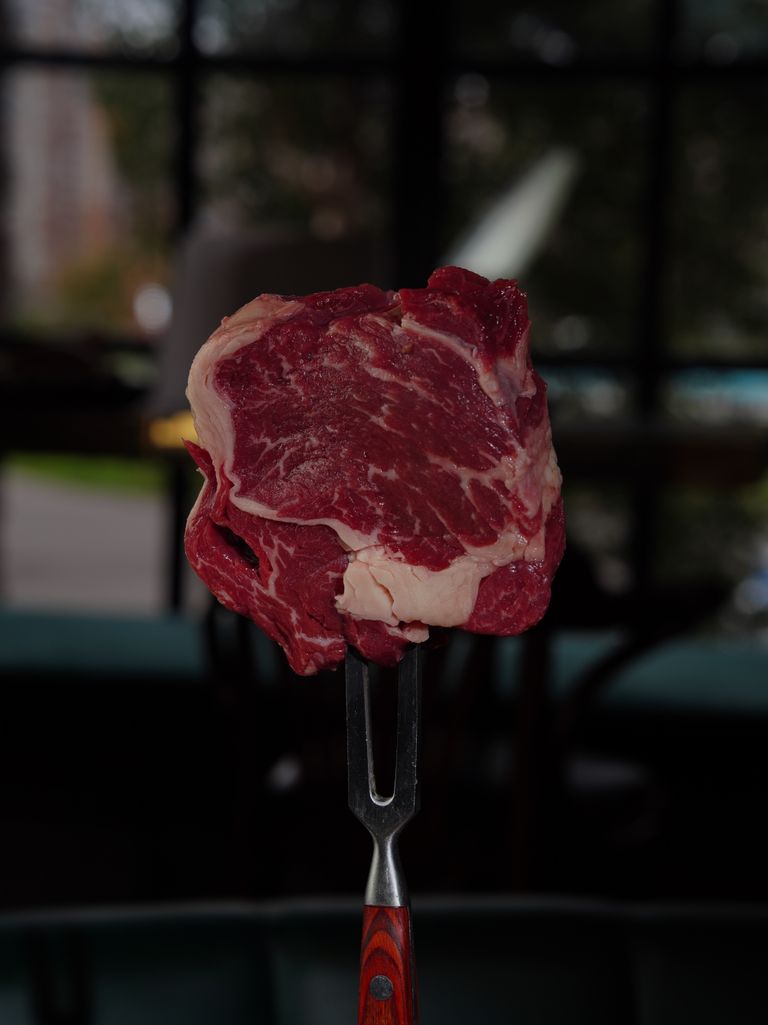 Close-up of a raw ribeye steak on a fork in a dark indoor setting.