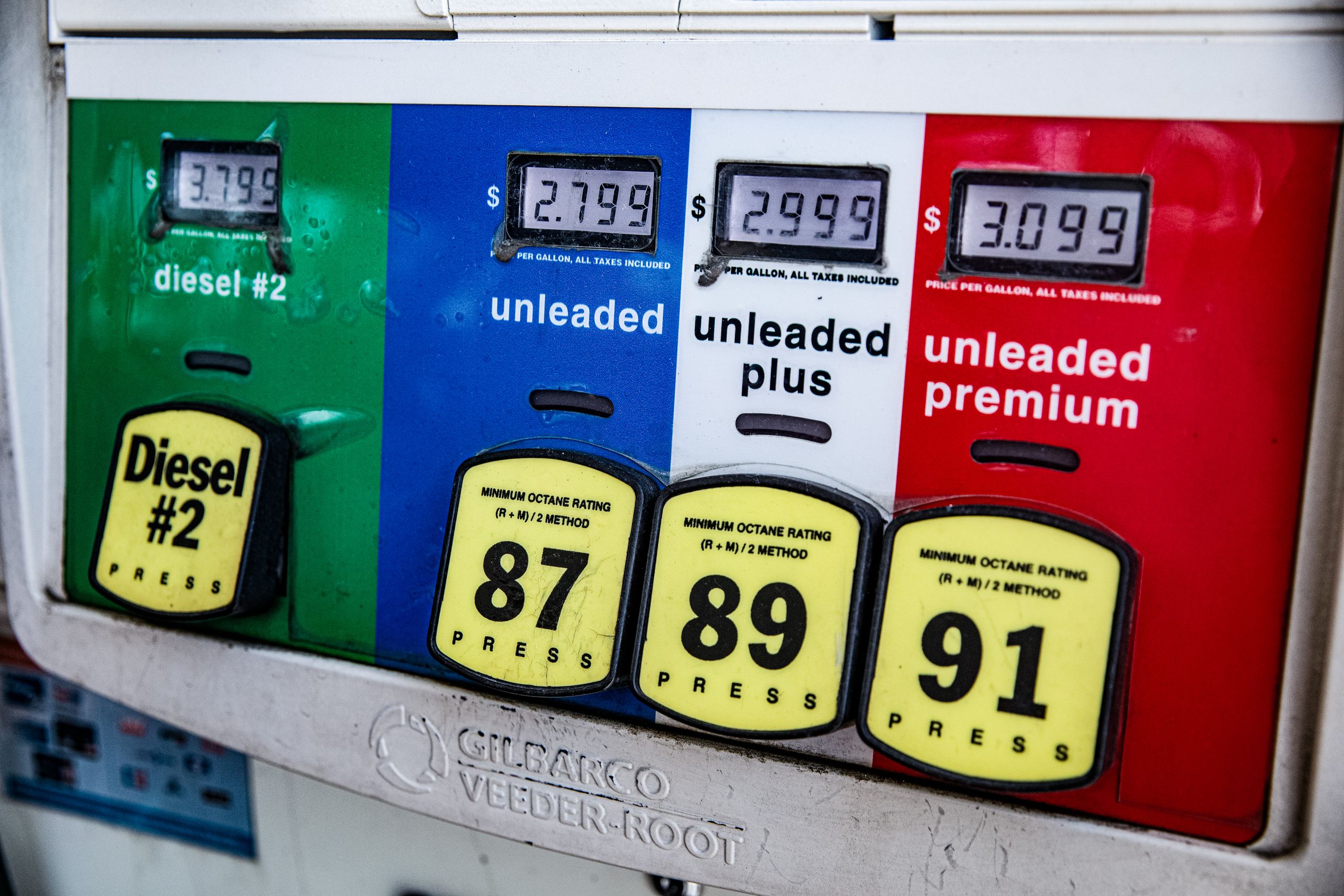 Close-up of a vintage gas pump station showing fuel prices and octane ratings in Los Angeles.