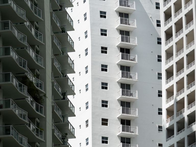 Close-up of modern high-rise apartment buildings with balconies in Miami, Florida.