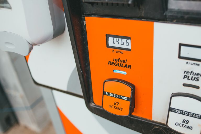 Detailed view of a gas pump showing price and octane level 87.