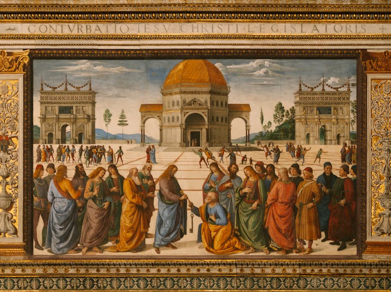 Famous Renaissance artwork depicting Jesus handing keys to Saint Peter, located in the Vatican.