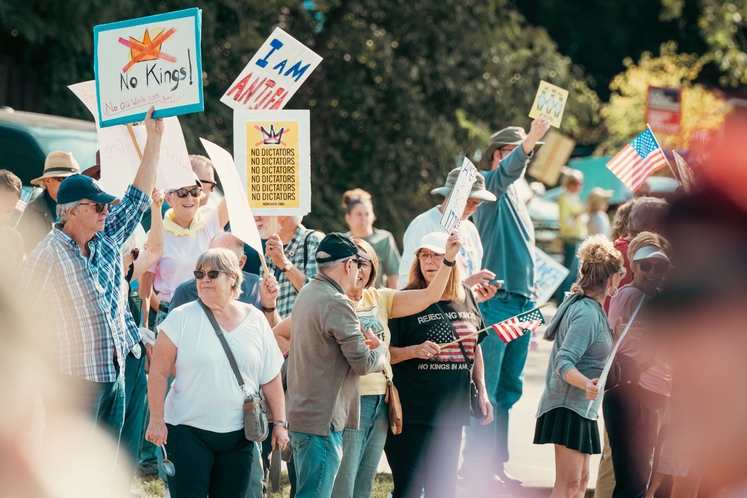 Group of protesters holding signs and American flags during a peaceful demonstration outdoors.