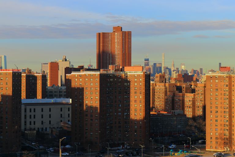 High-rise buildings in Manhattan, New York City captured during sunset.