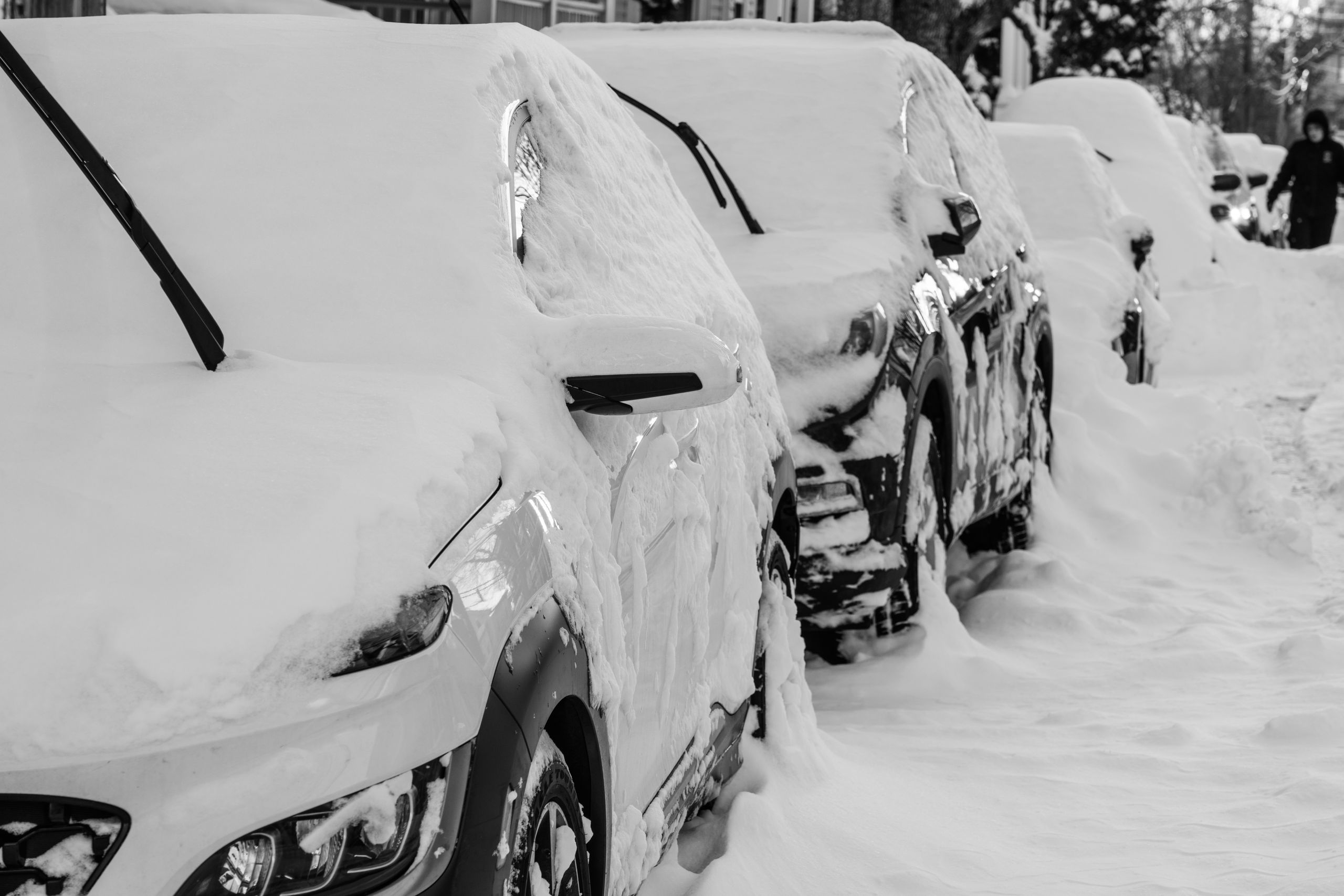 Line of cars buried under snow in Somerville, MA after a heavy winter storm.