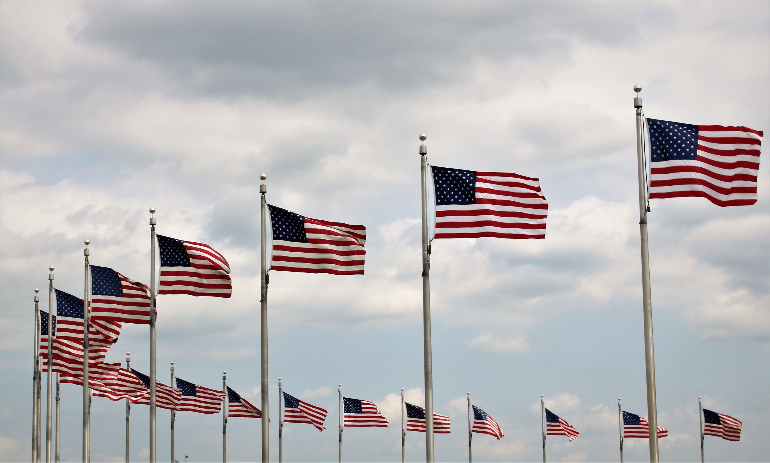 Multiple American flags waving on flagpoles under a cloudy sky in Washington DC.