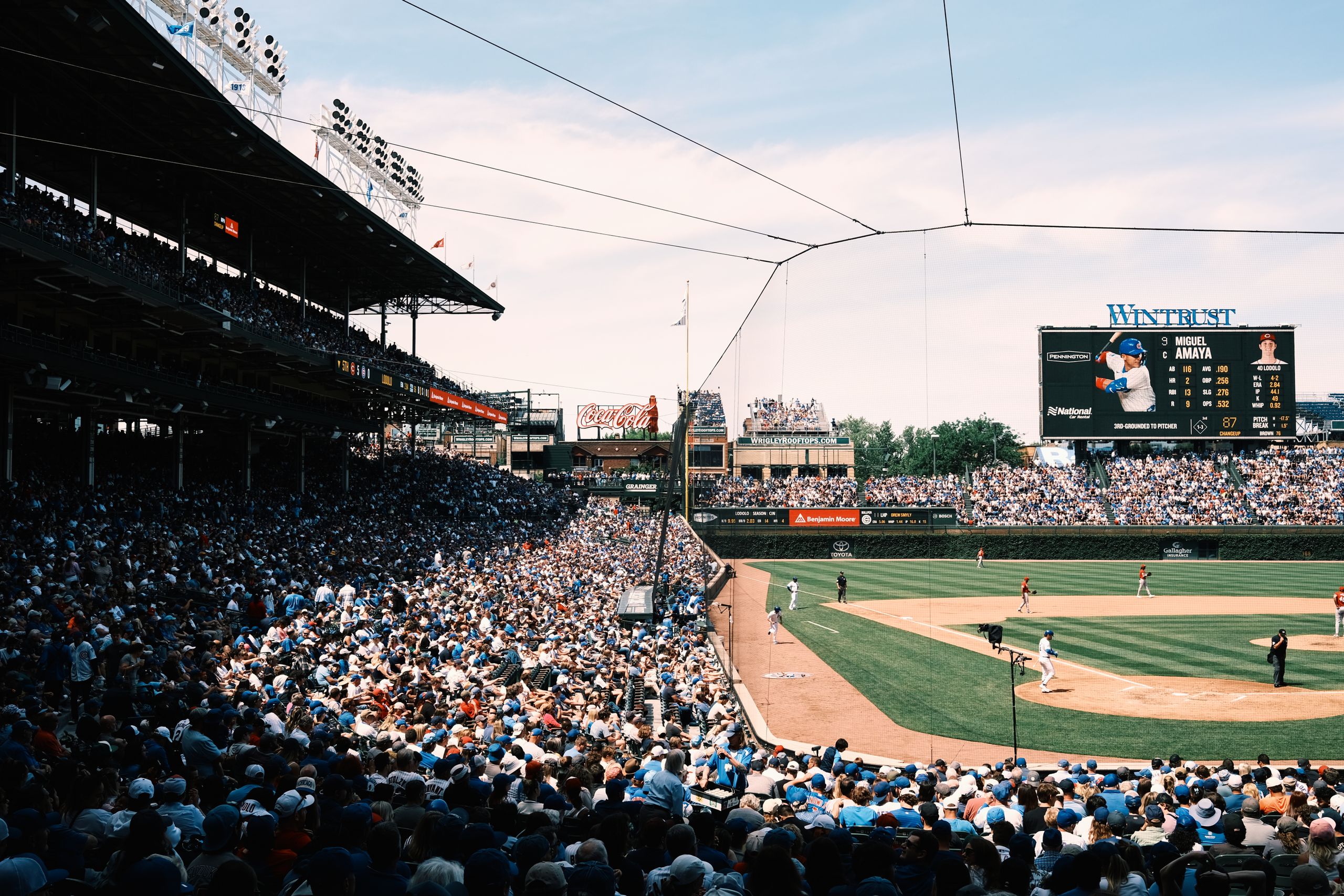 Panoramic view of a bustling baseball game at Wrigley Field, Chicago, capturing the vibrant atmosphere.