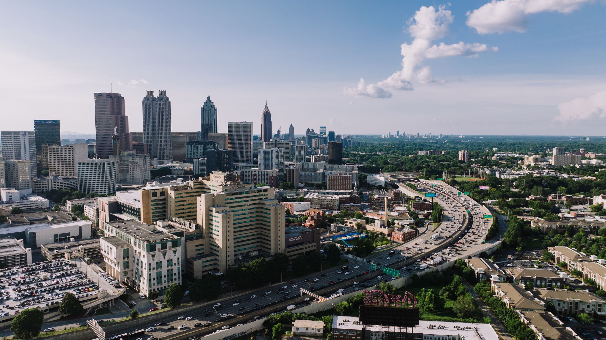 Stunning aerial cityscape of downtown Atlanta, Georgia, with clear skies.