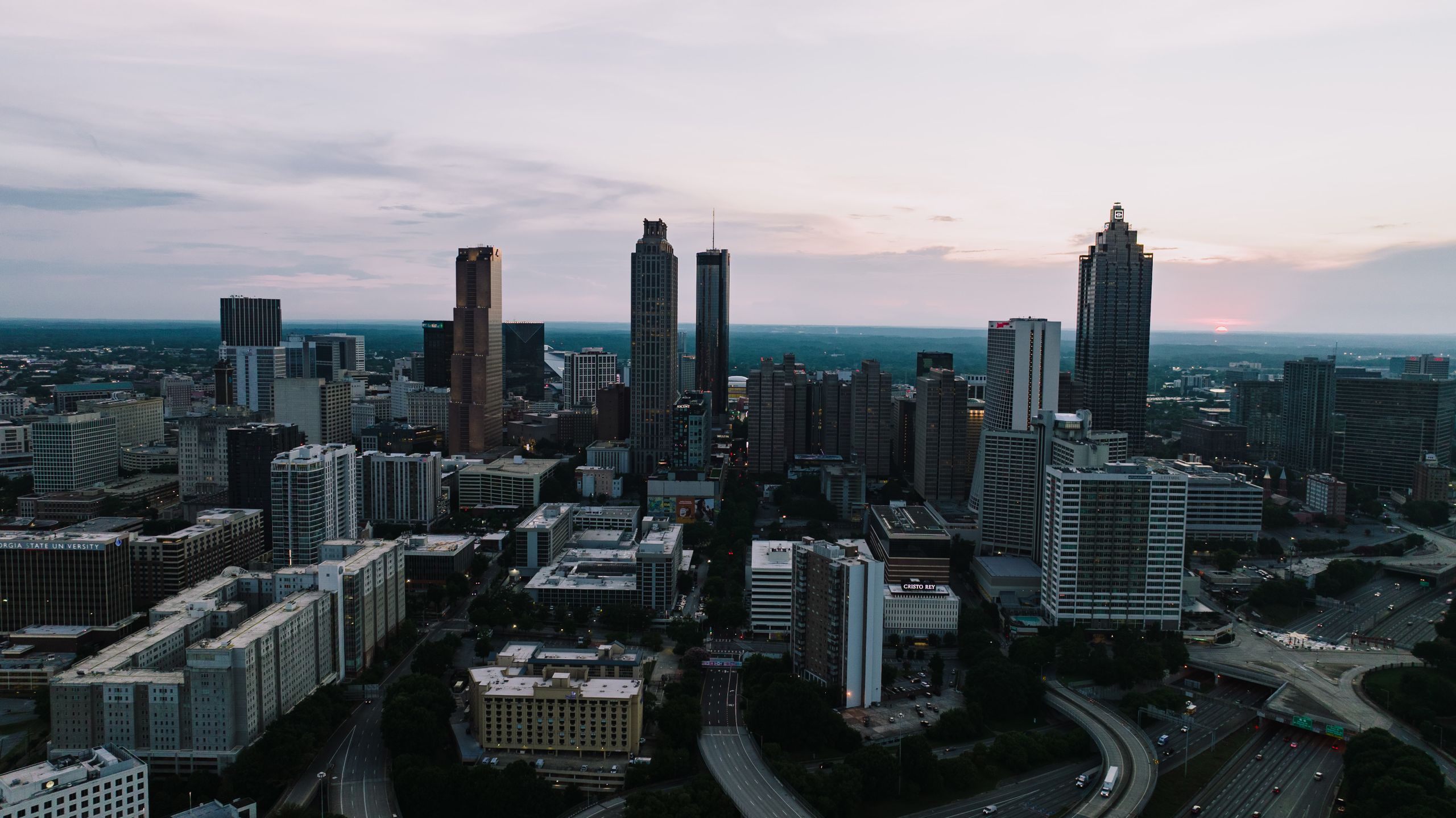 Stunning aerial view of Atlanta, Georgia skyline during sunset, showcasing modern architecture.