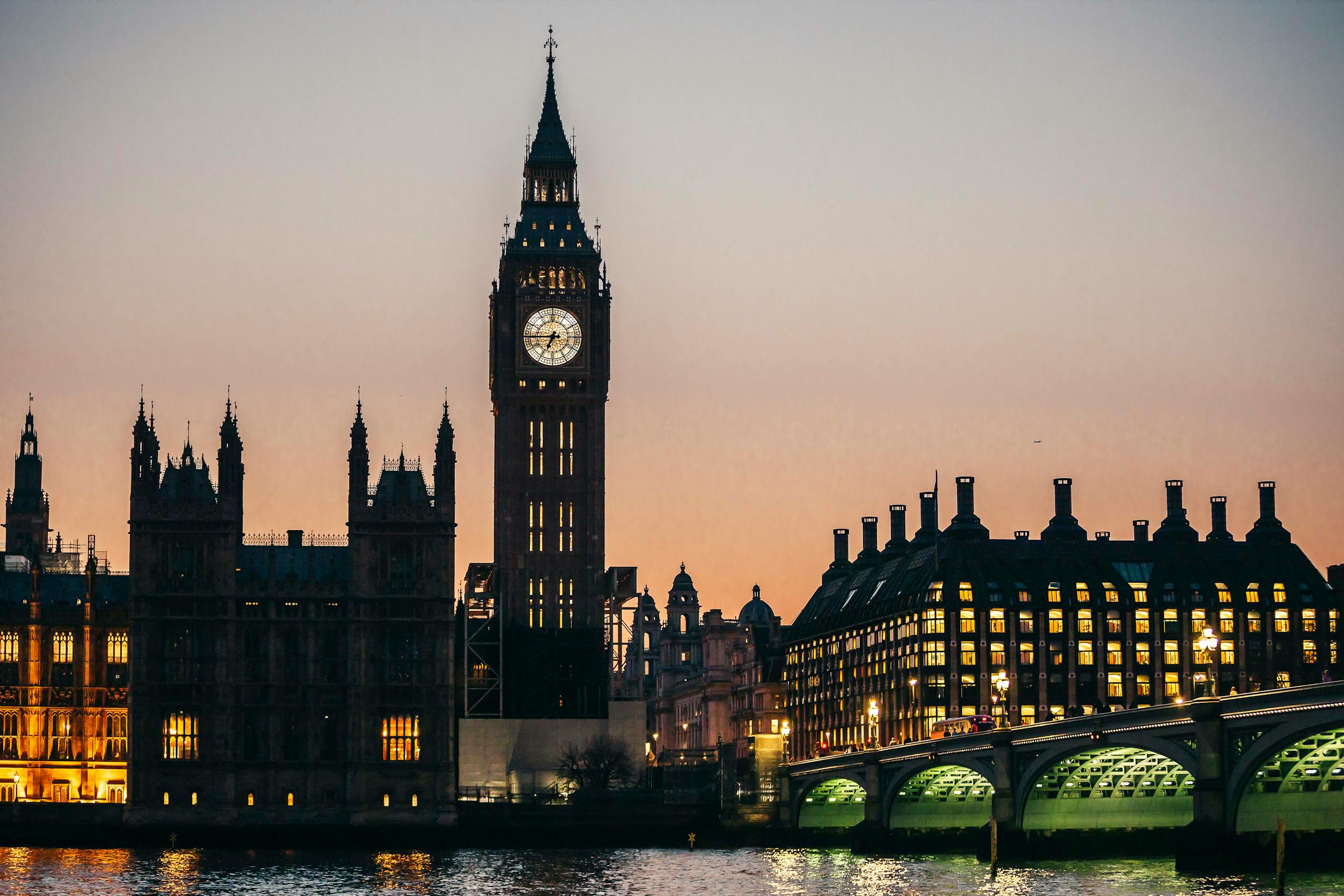 Stunning view of Big Ben and Westminster Bridge during twilight in London.