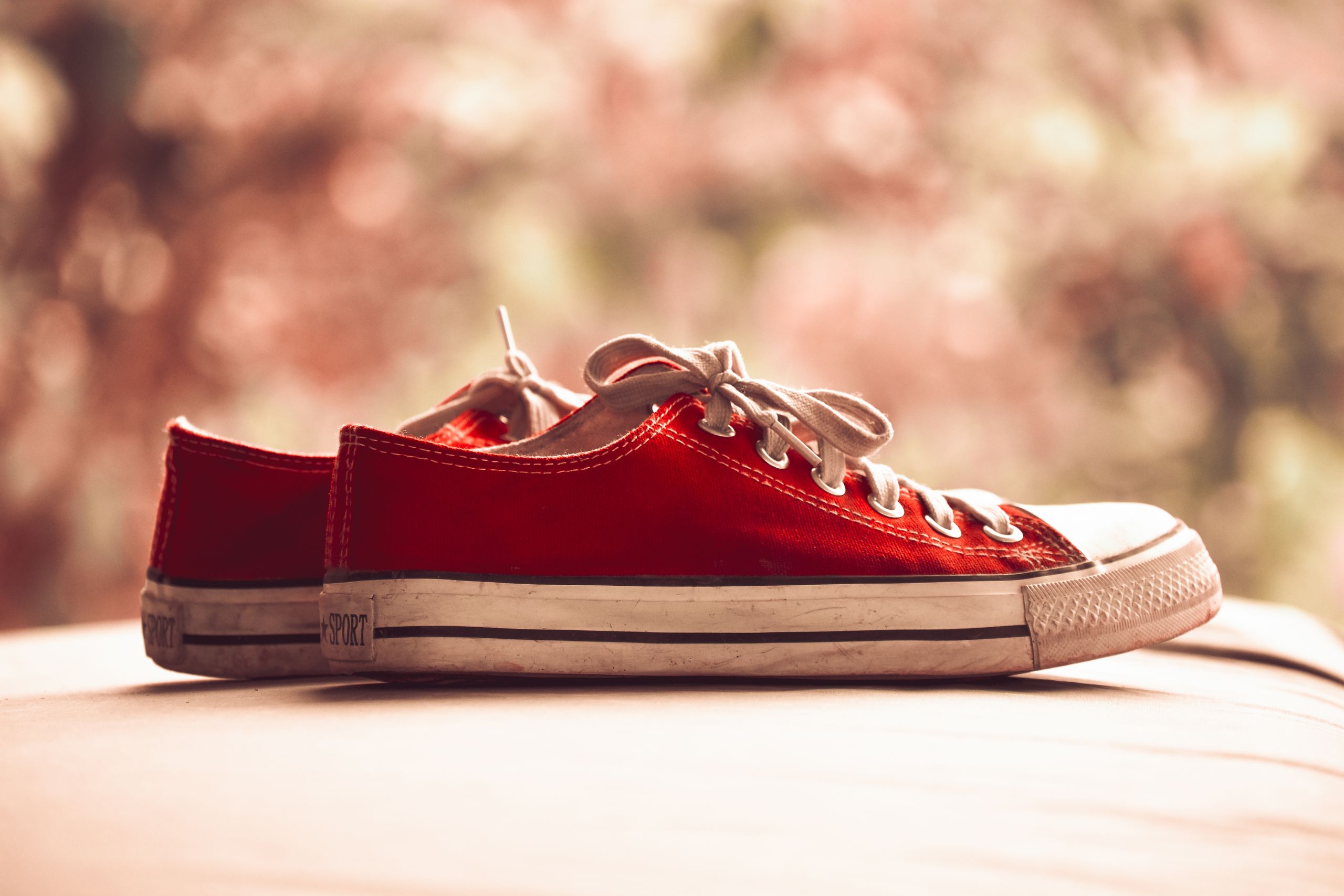 Stylish red canvas sneakers with white laces shown in a classic side view.