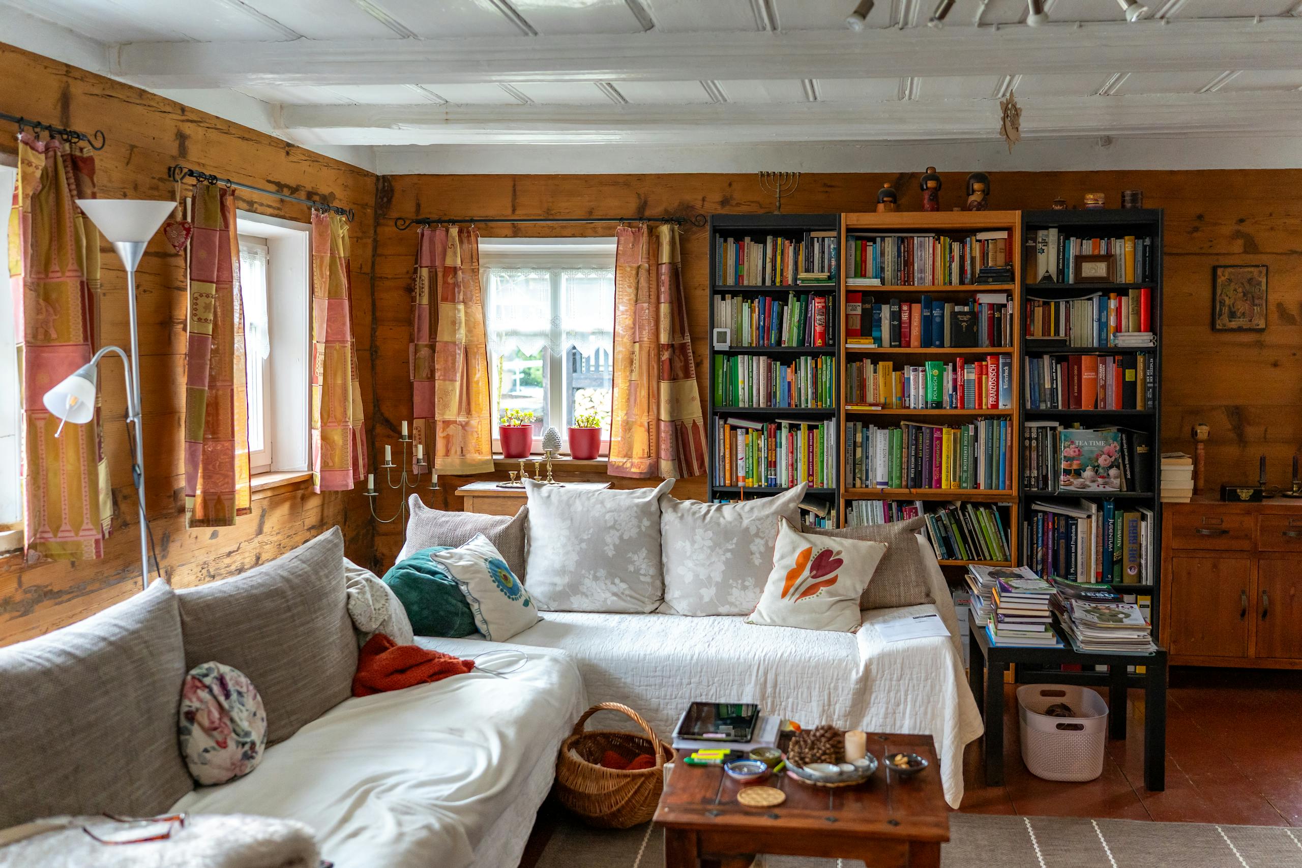 Warm and inviting living room in Zittau, Germany with bookshelves and a cozy sofa.