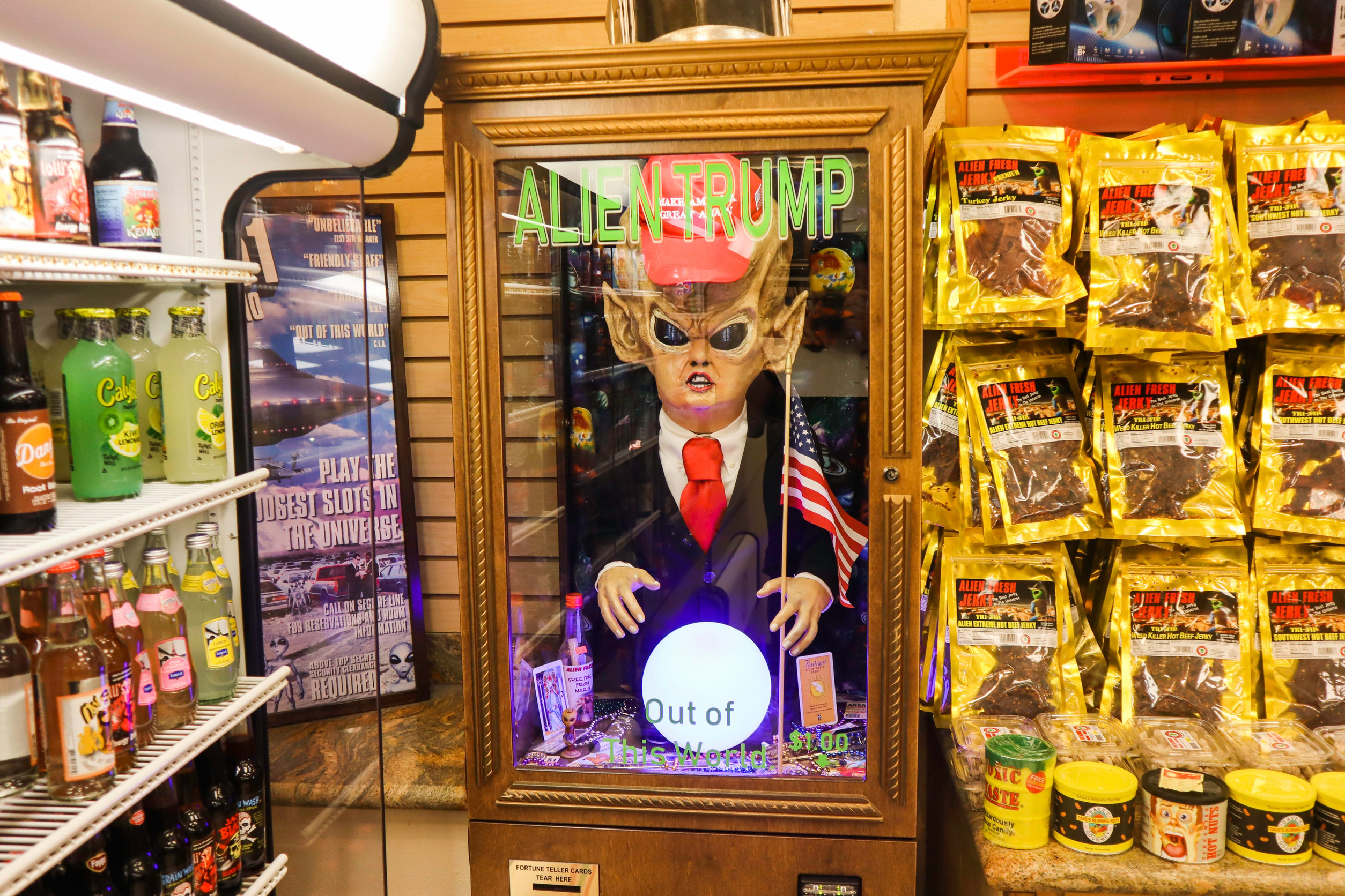 Baker California, 22 June 2019: Alien Trump fortune telling machine. Red cap