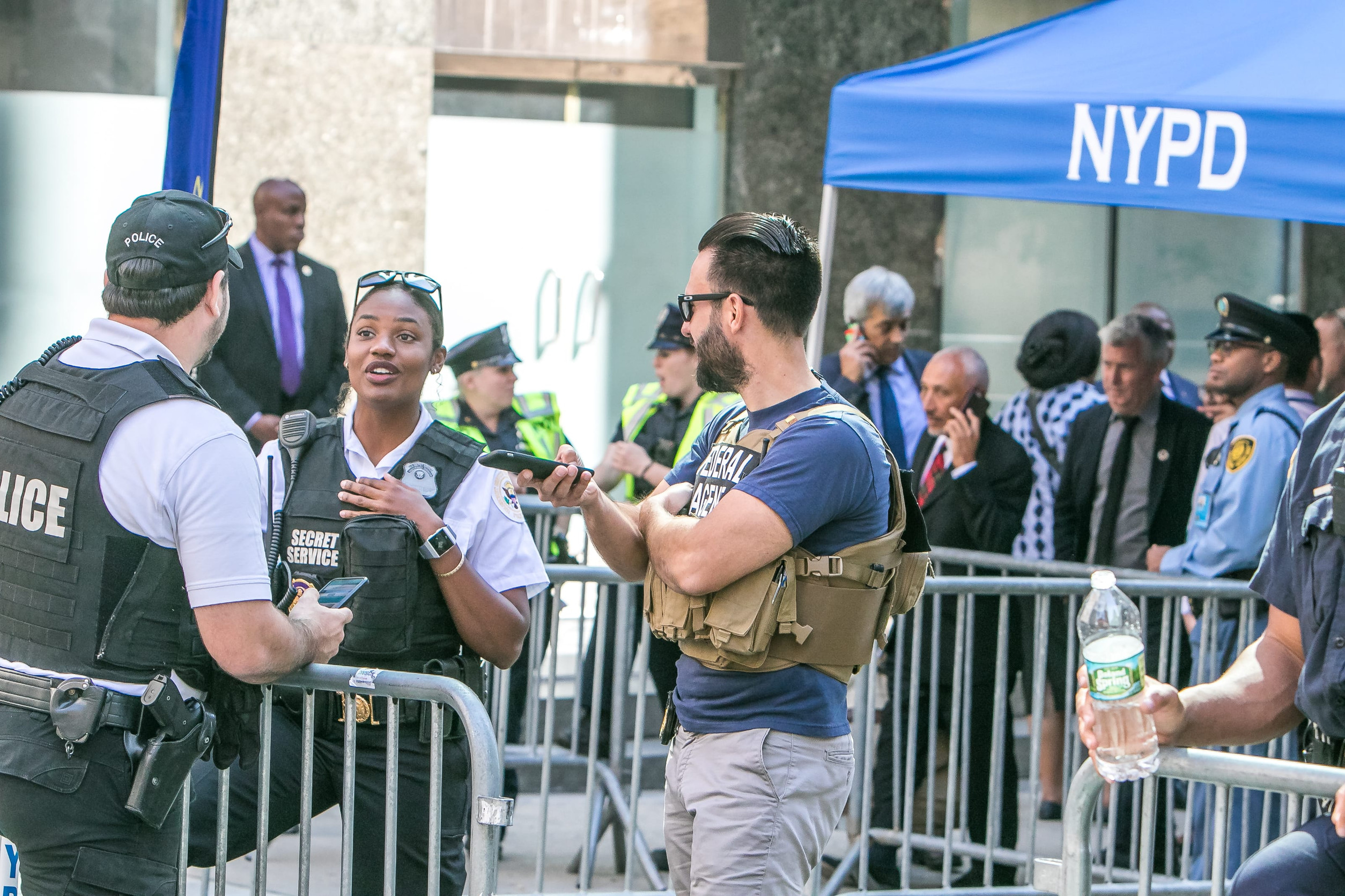 New York City, 9/27/2019: Secret Service agents and other security personnel is deployed at a police checkpoint in Manhattan during UN General Assembly.