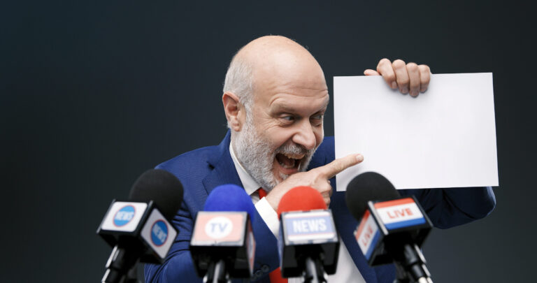 Aggressive politician holding a sign and pointing during a press conference