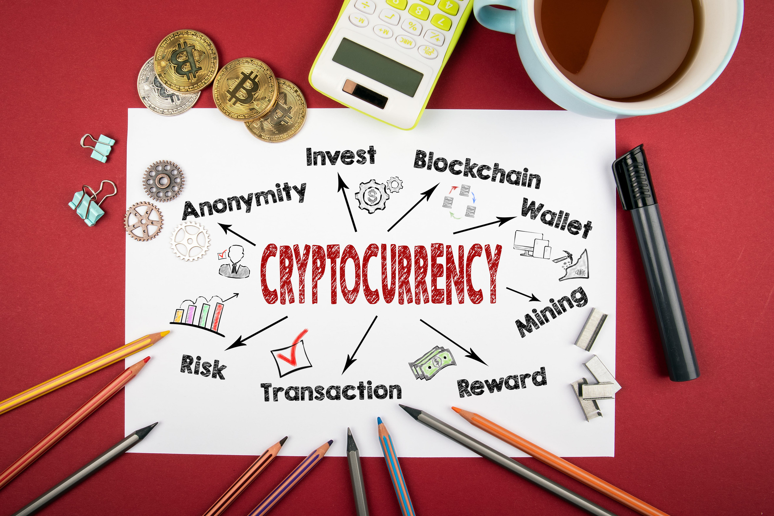 Cryptocurrency Concept. Chart with keywords and icons. Tea mug with office supplies