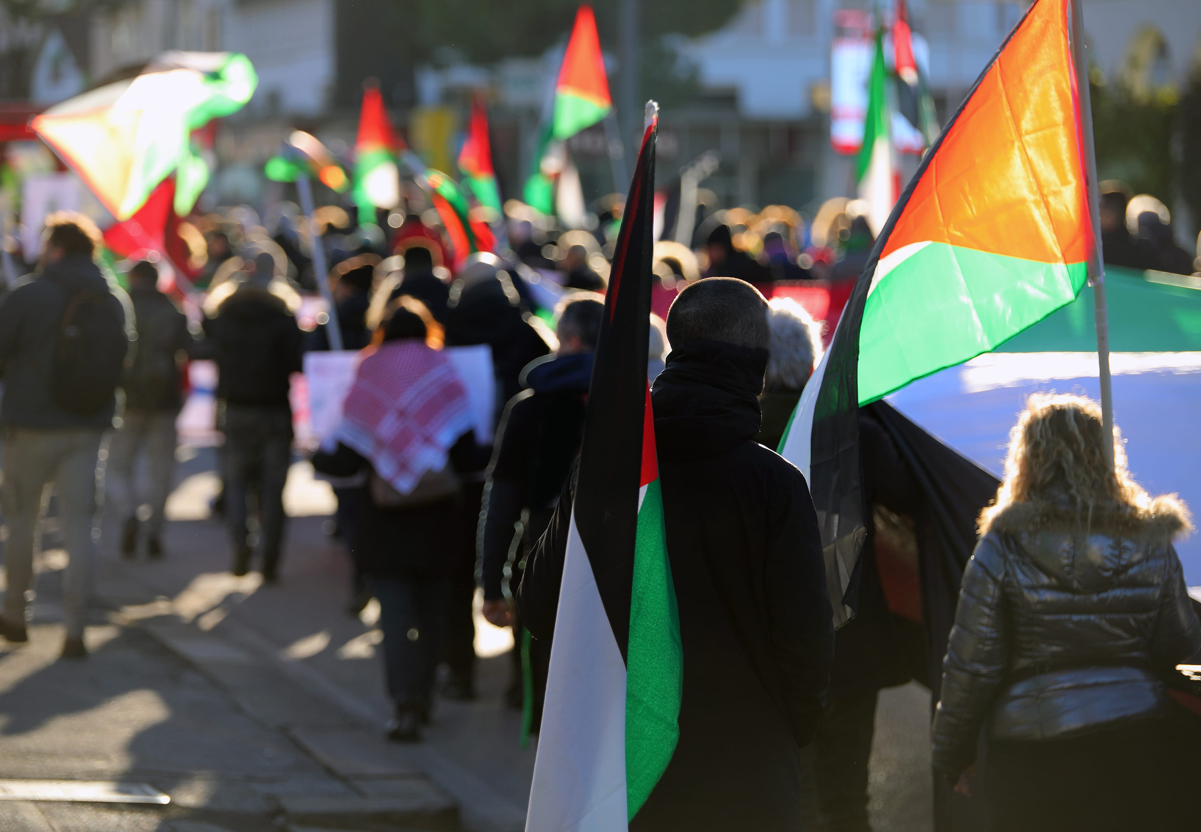 Vicenza, VI, Italy - January 20, 2024: many Palestinian backlit flags carried by protesters during the demonstration