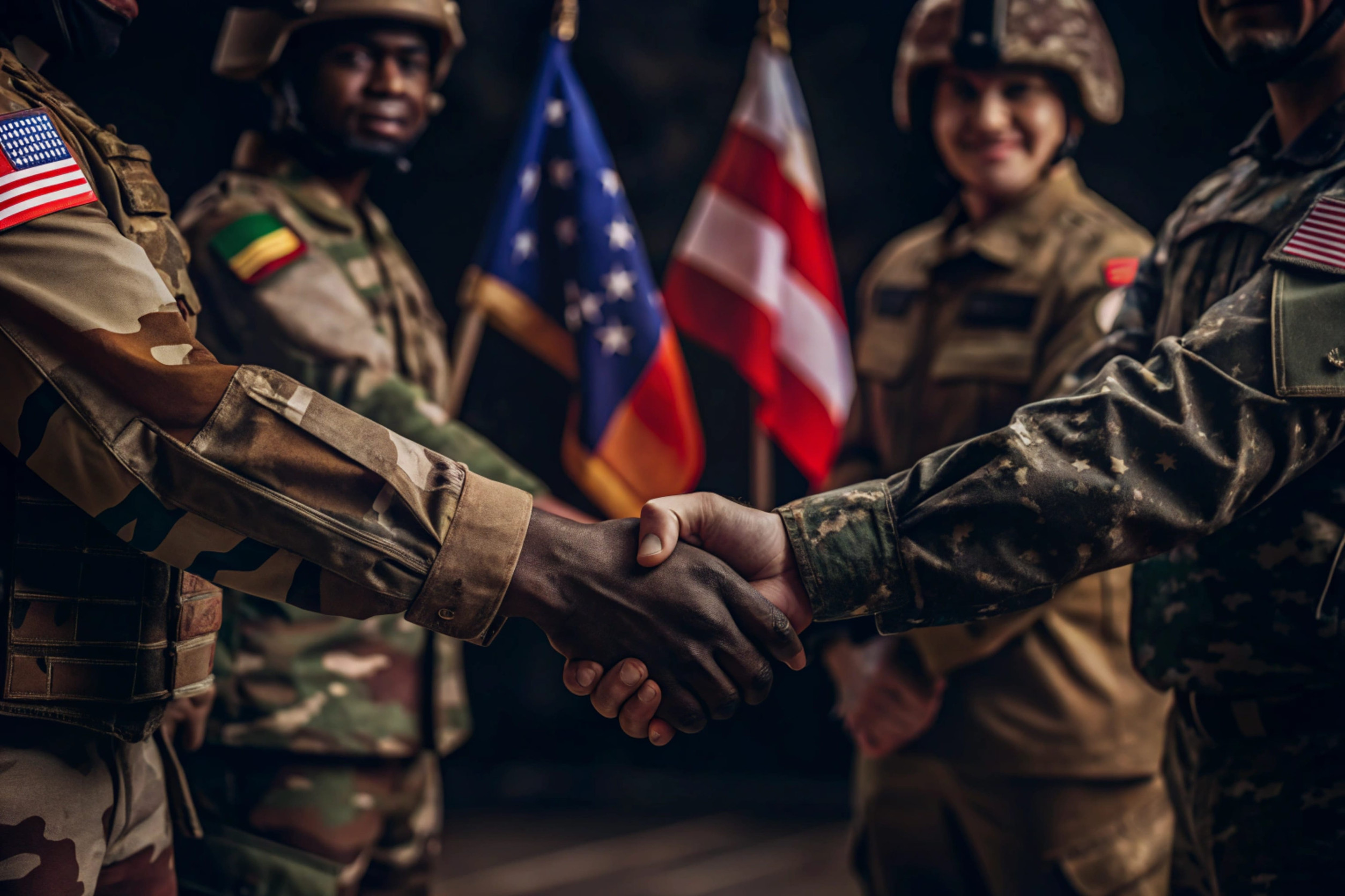 Civilians, soldiers shake hands, symbolizing peace, unity, and respect. Peace concept